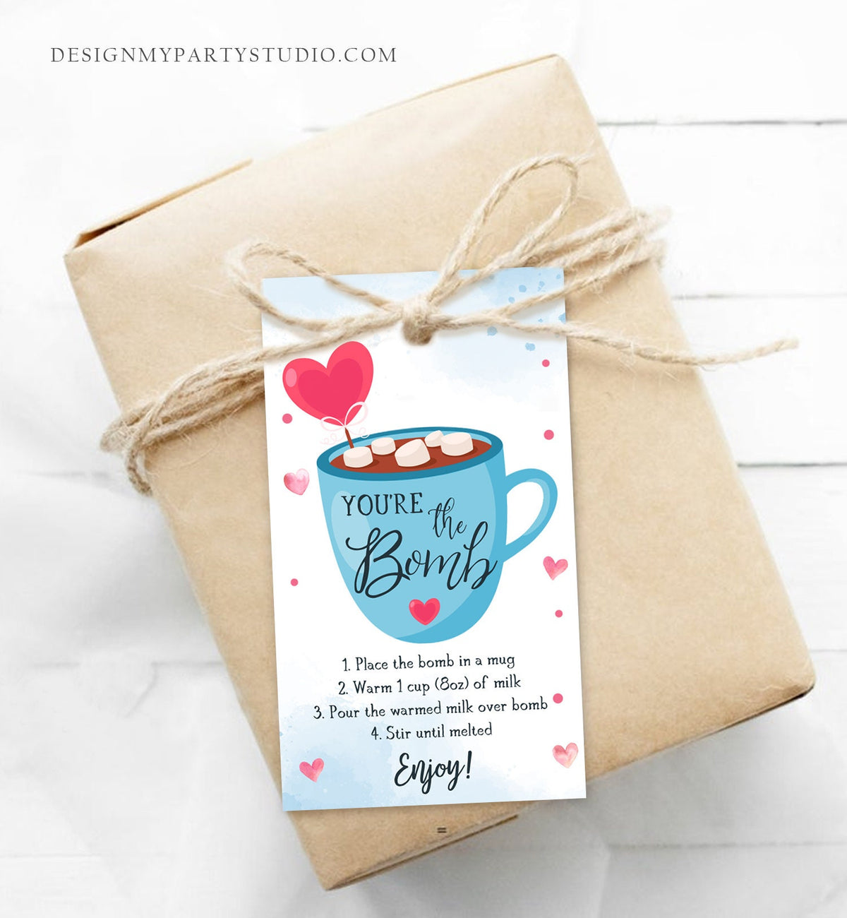 Editable Hot Chocolate Bomb Tag Valentine&#39;s Day Hot Cocoa Bomb You&#39;re The Bomb Heart Blue Valentine Gift Digital Download Printable 0370