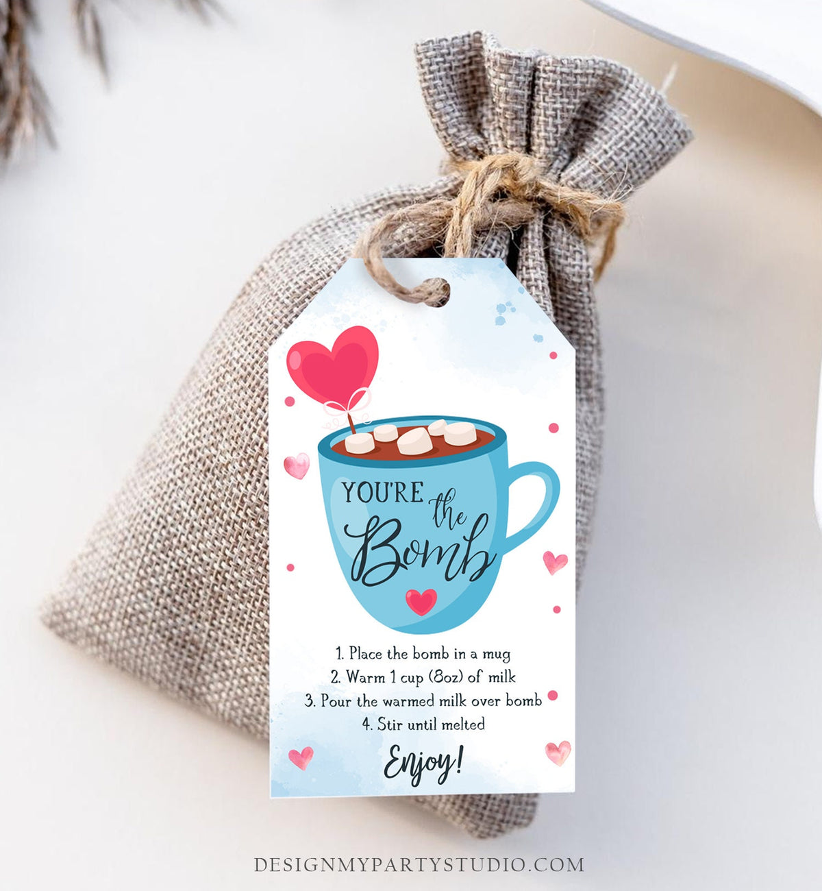 Editable Hot Chocolate Bomb Tag Valentine&#39;s Day Hot Cocoa Bomb You&#39;re The Bomb Heart Blue Valentine Gift Digital Download Printable 0370