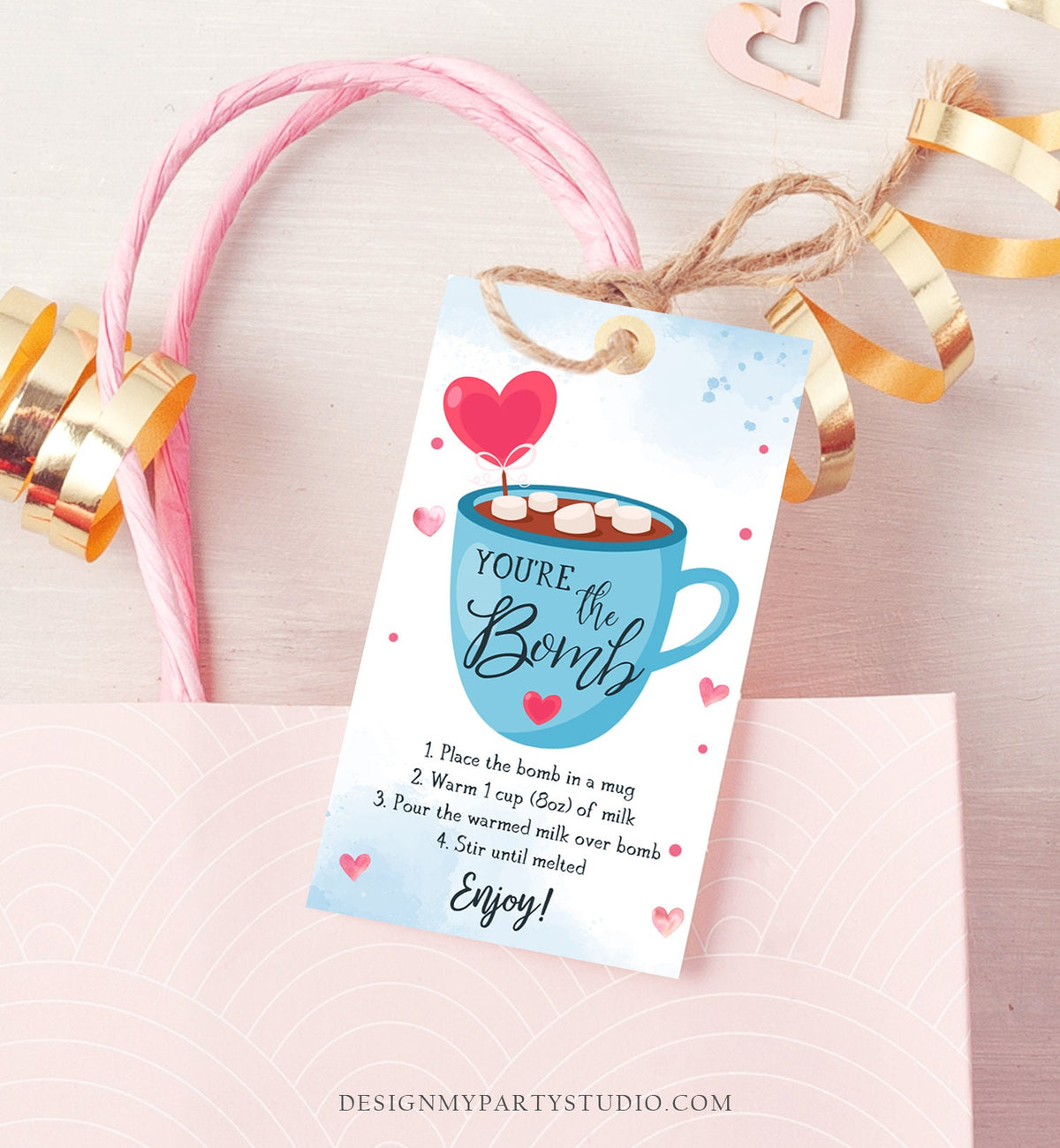 Editable Hot Chocolate Bomb Tag Valentine&#39;s Day Hot Cocoa Bomb You&#39;re The Bomb Heart Blue Valentine Gift Digital Download Printable 0370
