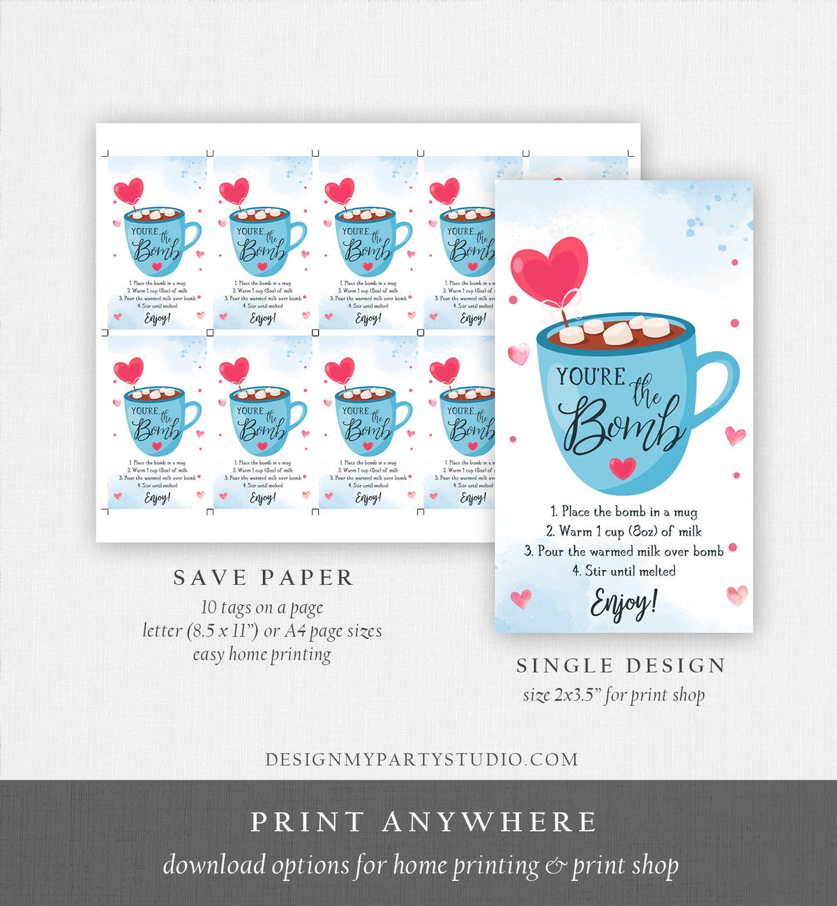 Editable Hot Chocolate Bomb Tag Valentine&#39;s Day Hot Cocoa Bomb You&#39;re The Bomb Heart Blue Valentine Gift Digital Download Printable 0370