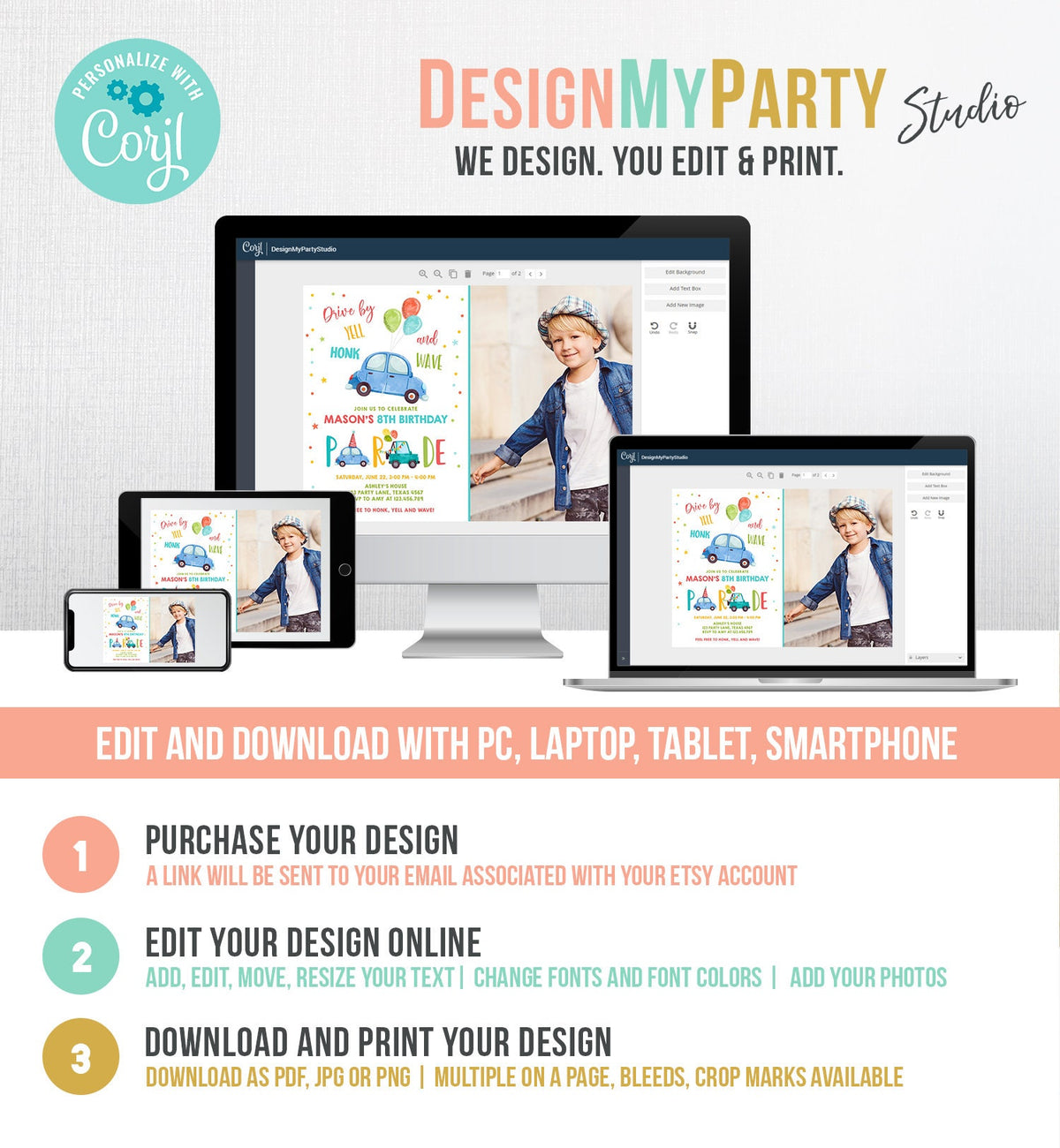 Editable Drive By Birthday Parade Invitation Balloons Rainbow Party Honk Wave Car Boy Blue Drive Through Download Corjl Template 0333