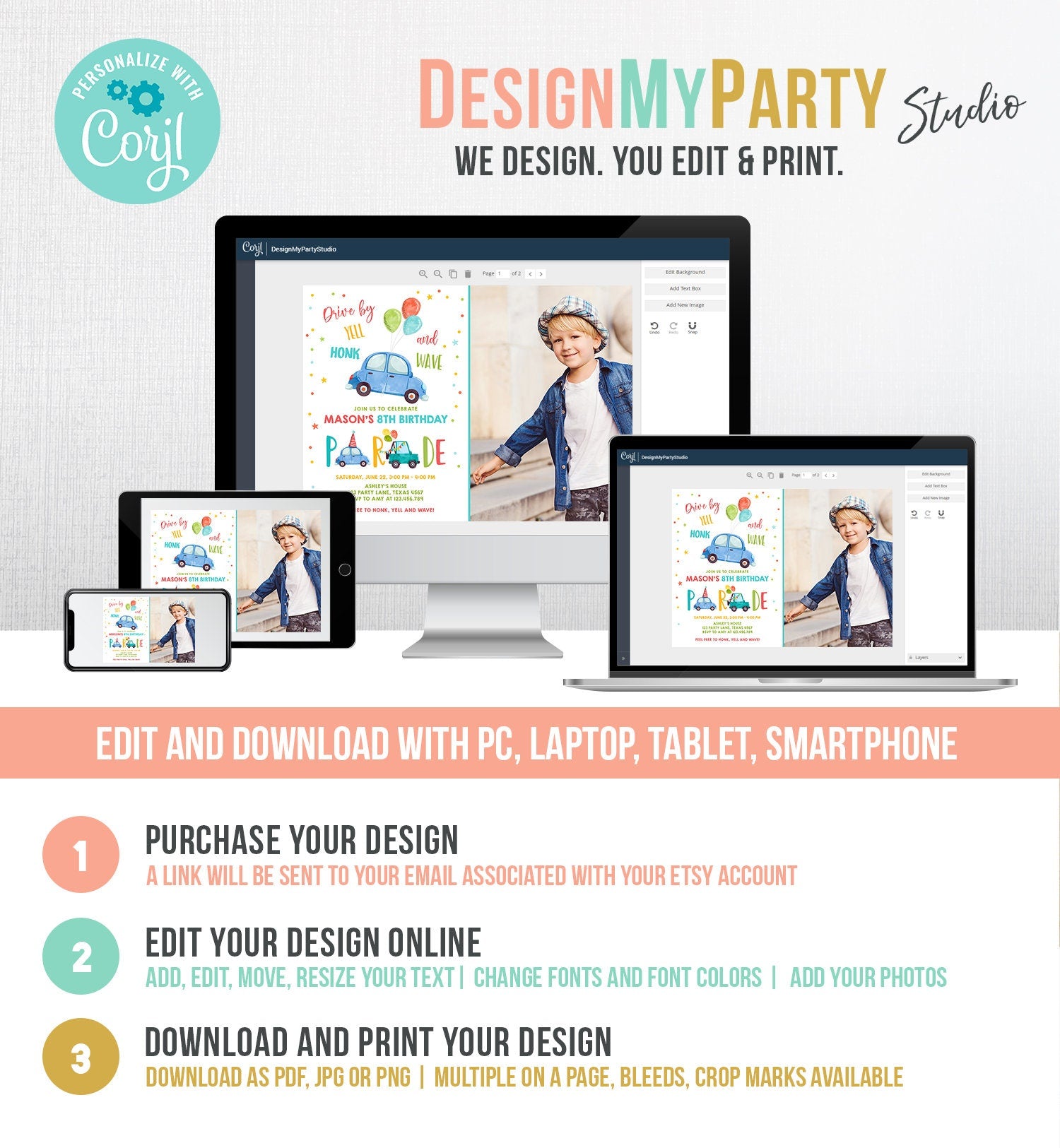 Editable Drive By Birthday Parade Invitation Balloons Rainbow Party Honk Wave Car Boy Blue Drive Through Download Corjl Template 0333