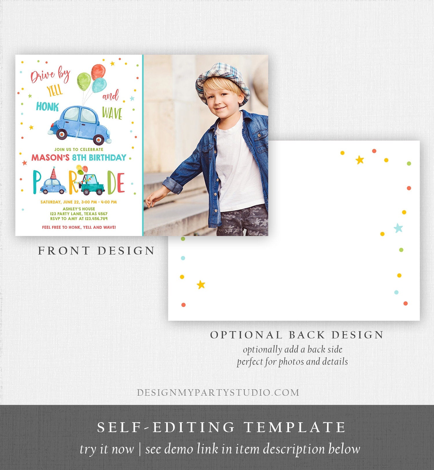 Editable Drive By Birthday Parade Invitation Balloons Rainbow Party Honk Wave Car Boy Blue Drive Through Download Corjl Template 0333