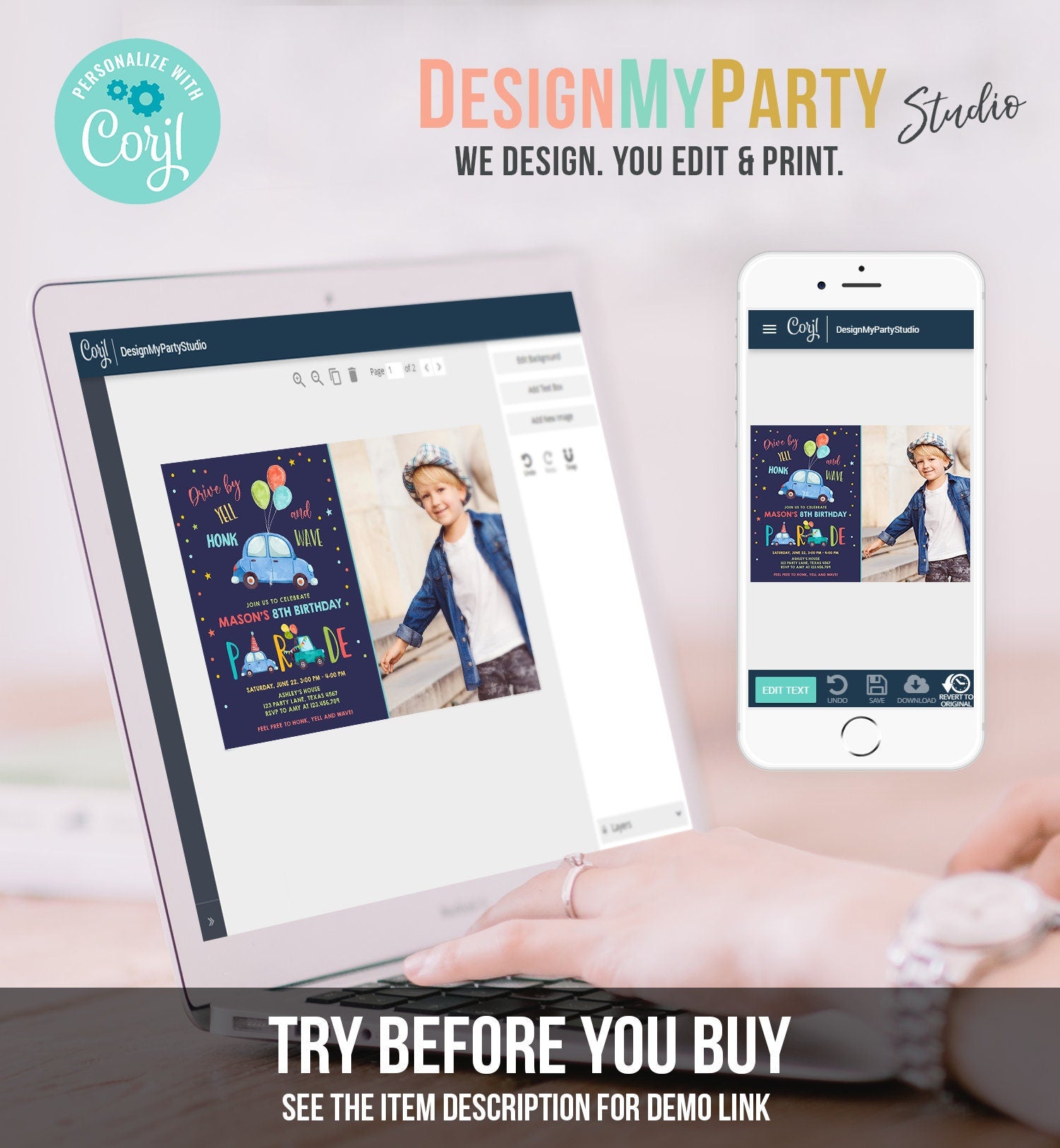 Editable Drive By Birthday Parade Invitation Balloons Rainbow Party Honk Wave Car Boy Blue Drive Through Download Corjl Template 0333