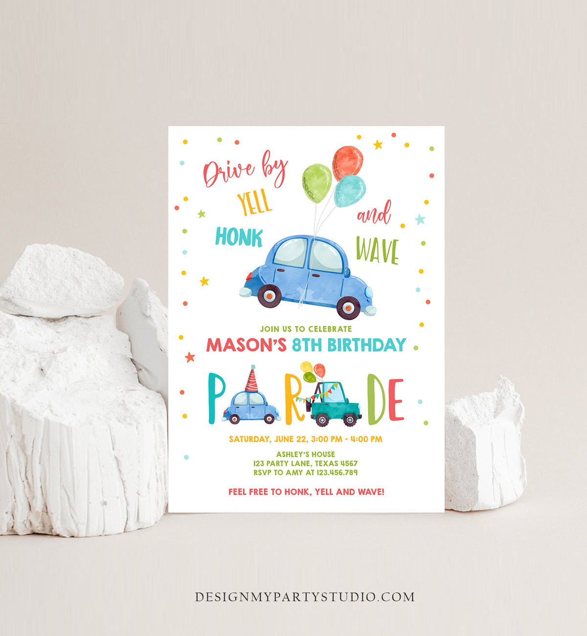 Editable Drive By Birthday Parade Invitation Balloons Rainbow Party Honk Wave Car Boy Blue Drive Through Download Corjl Template 0333