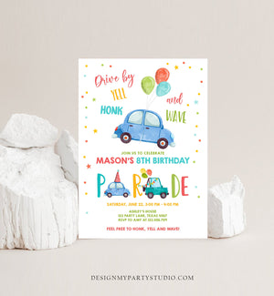 Editable Drive By Birthday Parade Invitation Balloons Rainbow Party Honk Wave Car Boy Blue Drive Through Download Corjl Template 0333