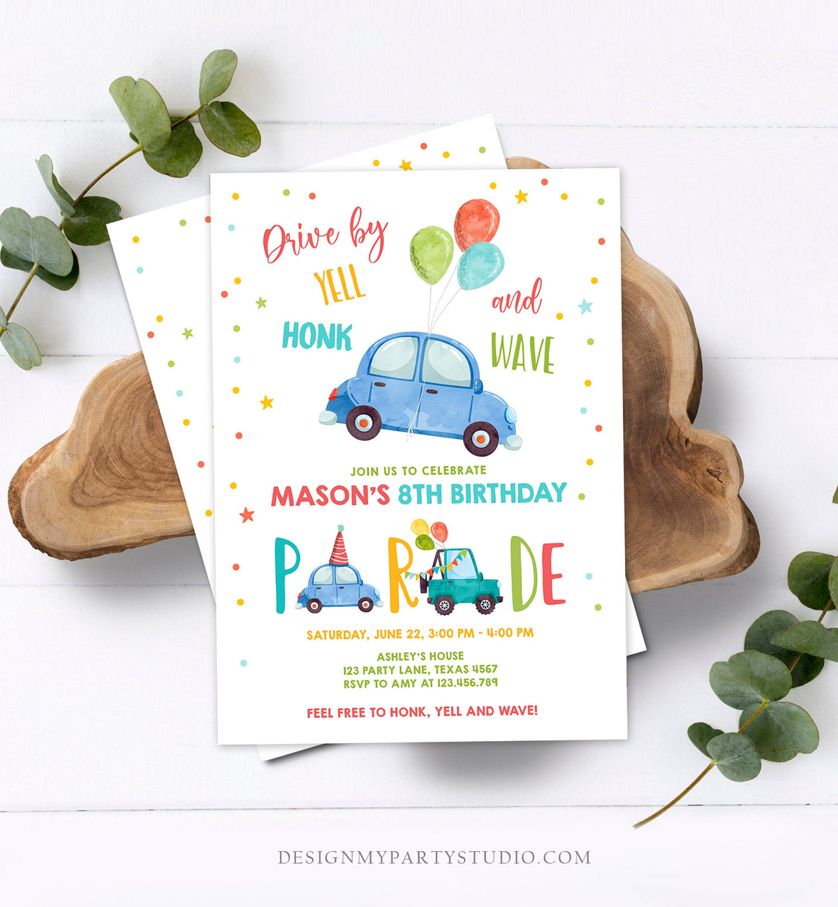 Editable Drive By Birthday Parade Invitation Balloons Rainbow Party Honk Wave Car Boy Blue Drive Through Download Corjl Template 0333