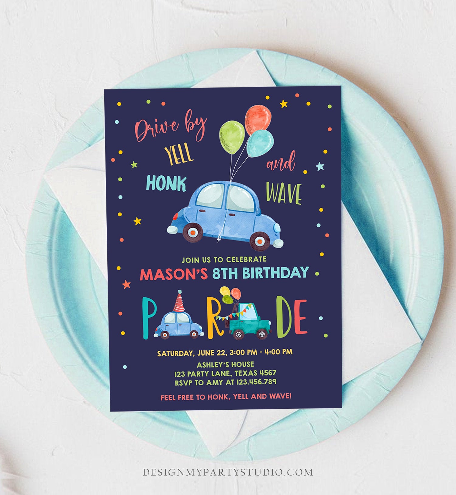 Editable Drive By Birthday Parade Invitation Balloons Rainbow Party Honk Wave Car Boy Blue Drive Through Download Corjl Template 0333