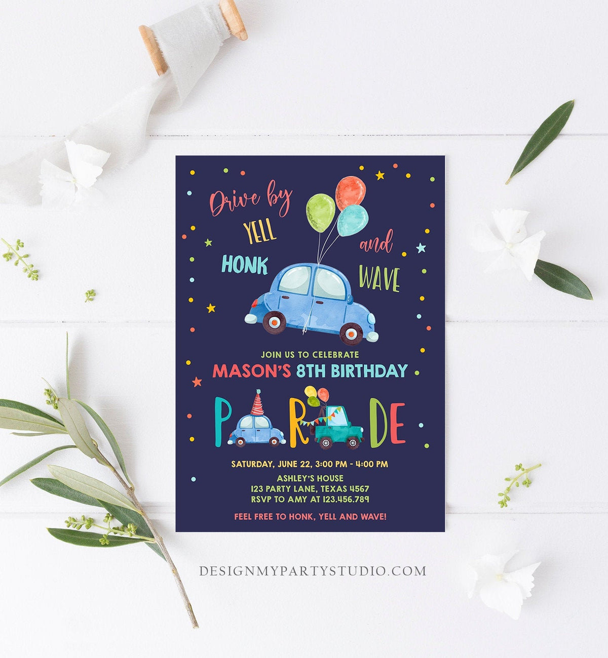 Editable Drive By Birthday Parade Invitation Balloons Rainbow Party Honk Wave Car Boy Blue Drive Through Download Corjl Template 0333