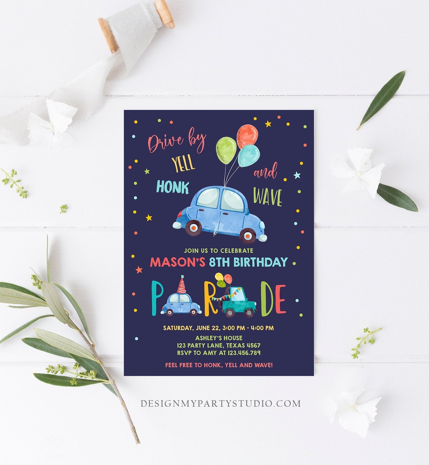 Editable Drive By Birthday Parade Invitation Balloons Rainbow Party Honk Wave Car Boy Blue Drive Through Download Corjl Template 0333