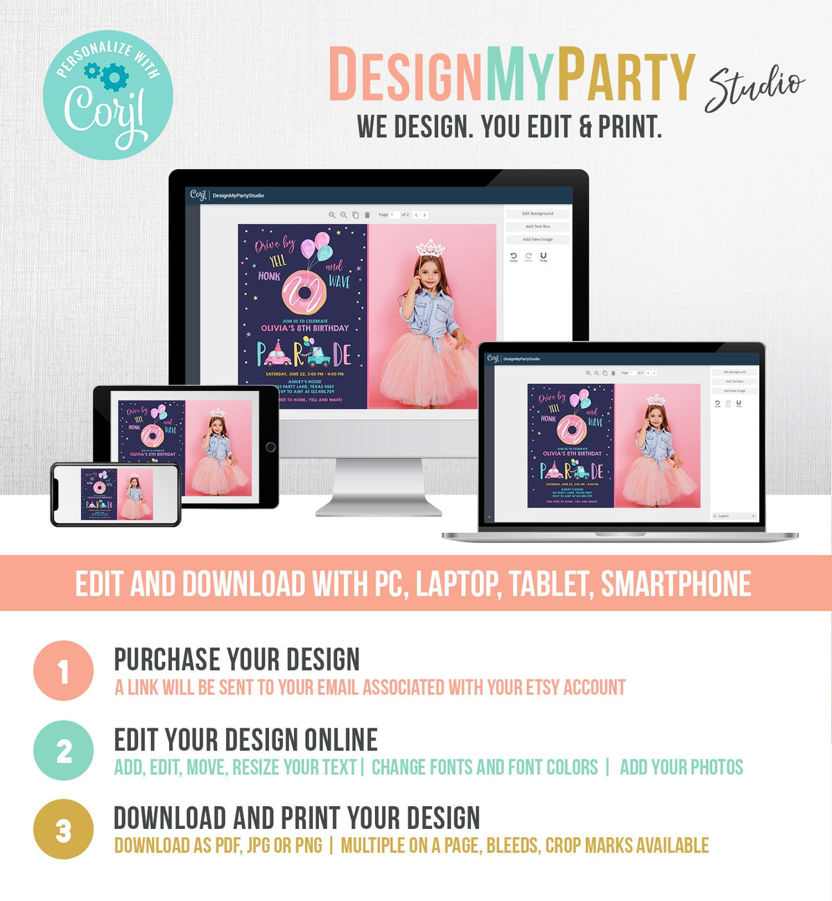 Editable Donut Drive By Birthday Parade Invitation Balloons Rainbow Party Honk Wave Car Girl Pink Drive Through Download Corjl Template 0343