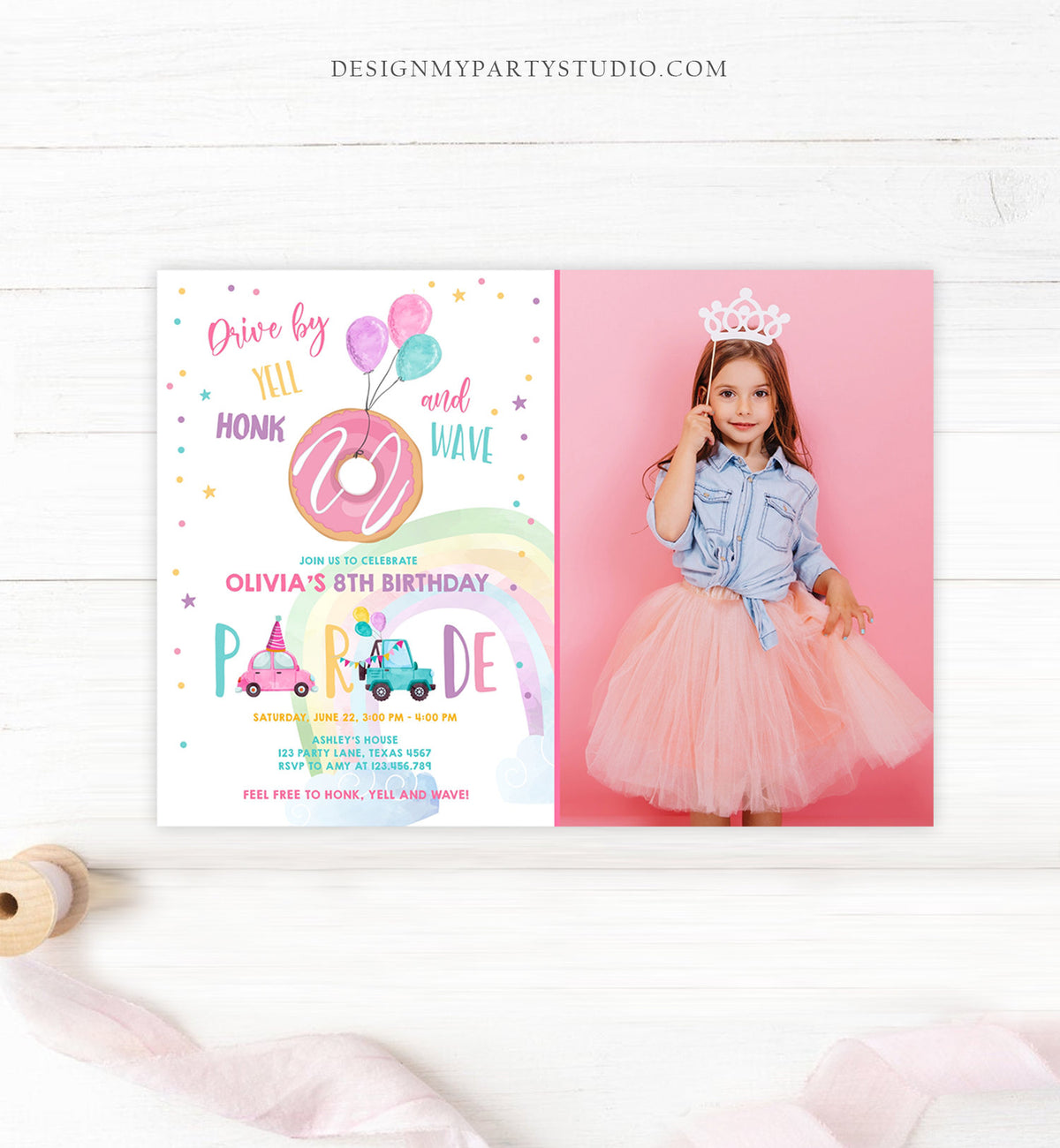 Editable Donut Drive By Birthday Parade Invitation Balloons Rainbow Party Honk Wave Car Girl Pink Drive Through Download Corjl Template 0343