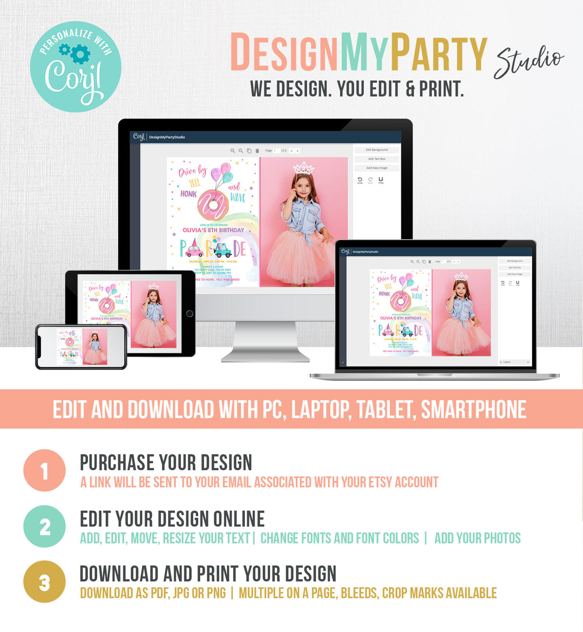 Editable Donut Drive By Birthday Parade Invitation Balloons Rainbow Party Honk Wave Car Girl Pink Drive Through Download Corjl Template 0343