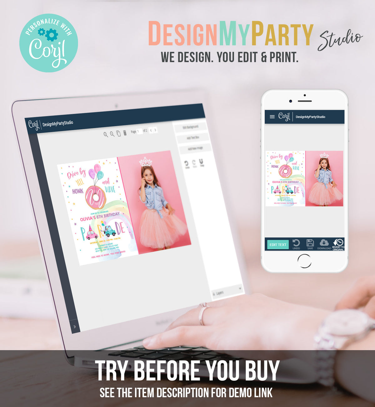 Editable Donut Drive By Birthday Parade Invitation Balloons Rainbow Party Honk Wave Car Girl Pink Drive Through Download Corjl Template 0343