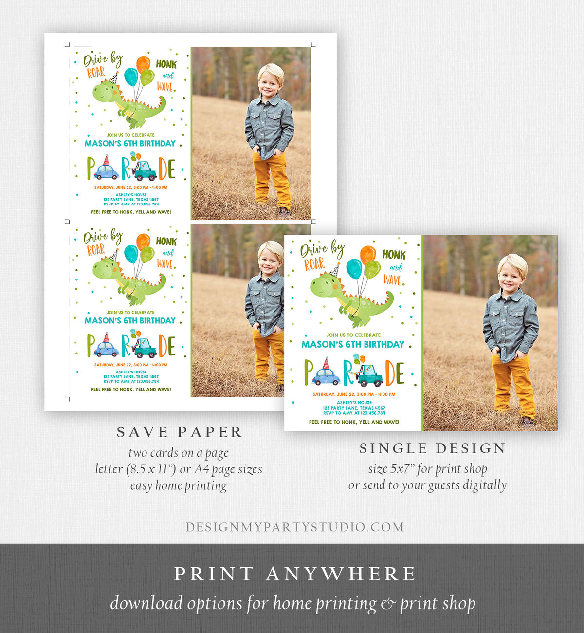 Editable Dinosaur Drive By Birthday Parade Invitation Virtual Party Invite Honk Wave Car Boy Dino Quarantine Download Digital Corjl 0340