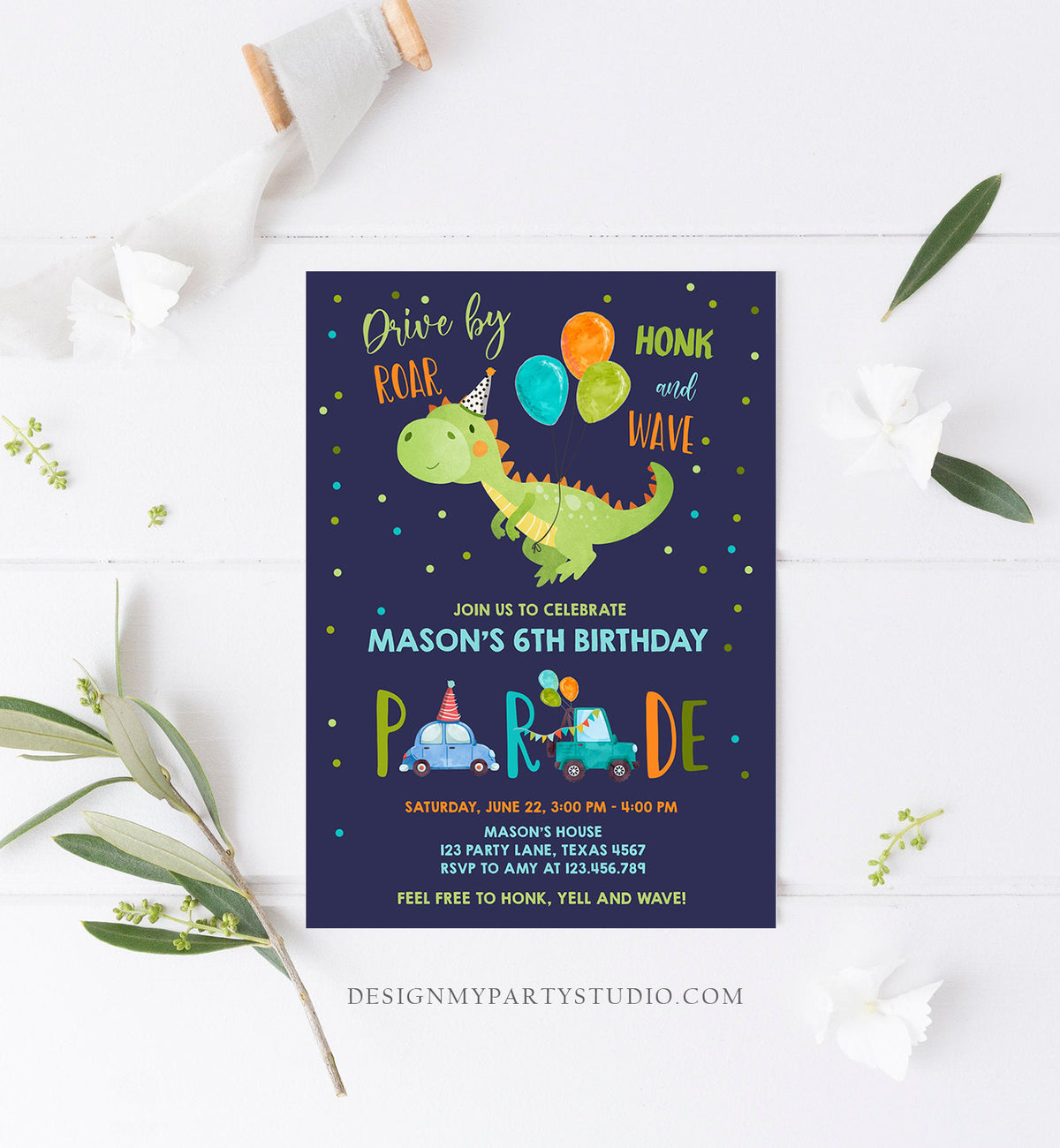Editable Dinosaur Drive By Birthday Parade Invitation Virtual Party Invite Honk Wave Car Boy Dino Quarantine Download Digital Corjl 0340