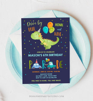 Editable Dinosaur Drive By Birthday Parade Invitation Virtual Party Invite Honk Wave Car Boy Dino Quarantine Download Digital Corjl 0340