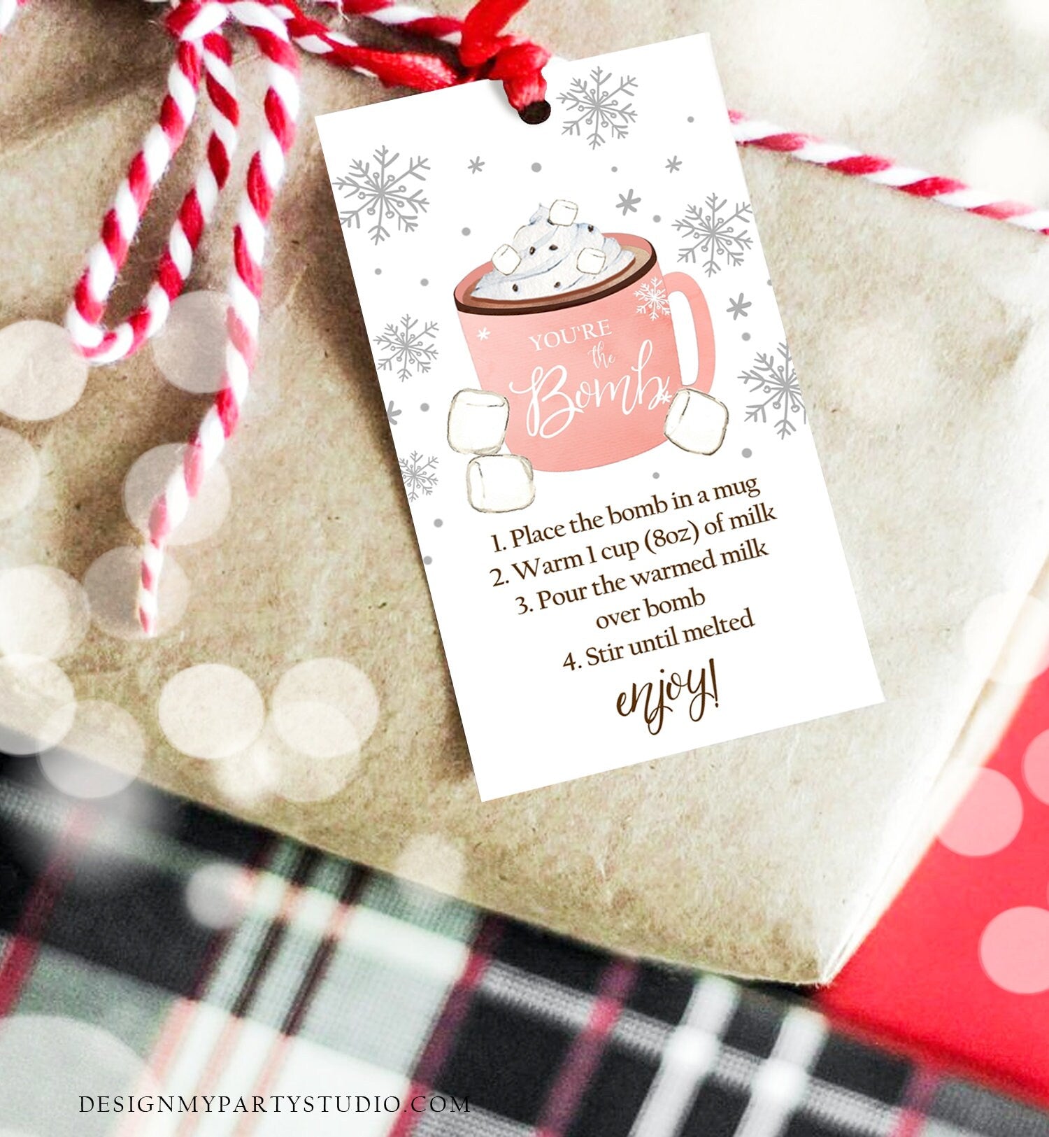 Editable Hot Chocolate Bomb Tags Bomb Instructions Cookies and Cocoa Favor Tags Winter Christmas You're The Bomb Pink Digital PRINTABLE 0353