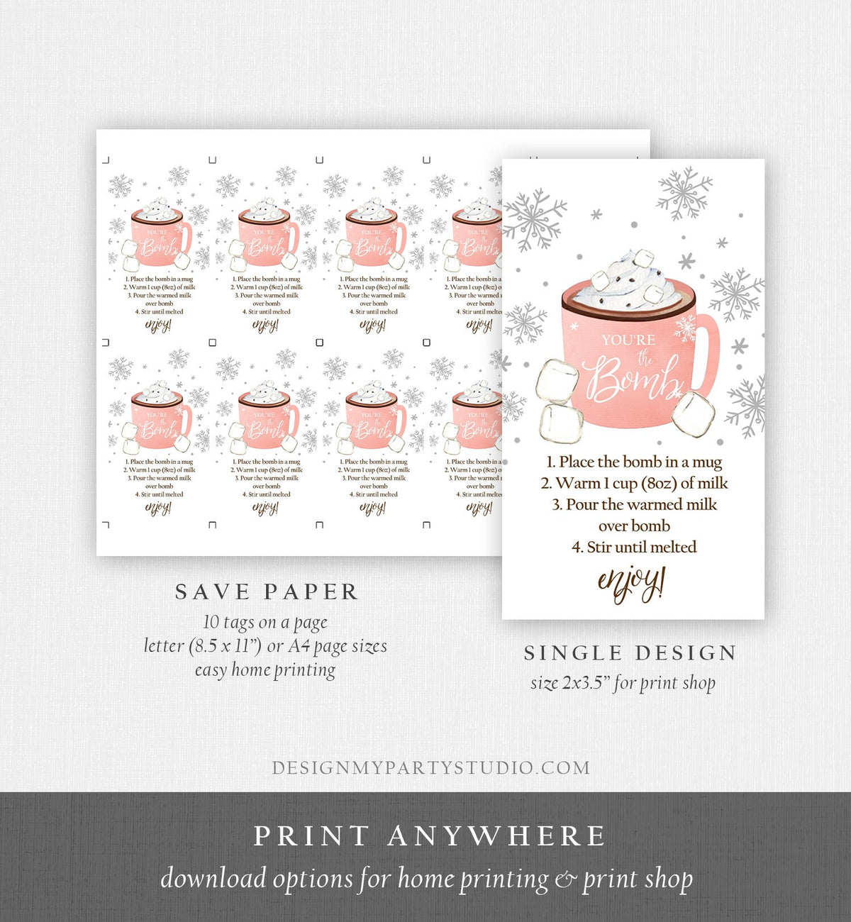 Editable Hot Chocolate Bomb Tags Bomb Instructions Cookies and Cocoa Favor Tags Winter Christmas You&#39;re The Bomb Pink Digital PRINTABLE 0353