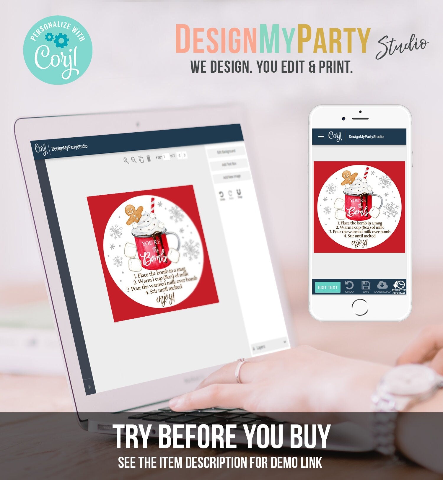 Editable Hot Chocolate Bomb Tags Bomb Instructions Cookies and Cocoa Favor Tags Winter Christmas You're The Bomb Digital PRINTABLE 0358