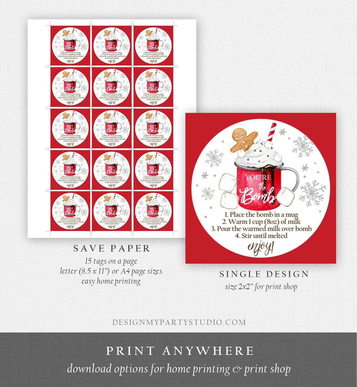 Editable Hot Chocolate Bomb Tags Bomb Instructions Cookies and Cocoa Favor Tags Winter Christmas You&#39;re The Bomb Digital PRINTABLE 0358