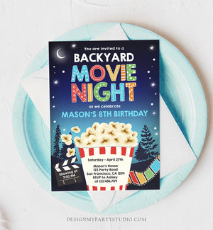 Editable Backyard Movie Night Birthday Invitation Boy Outdoor Movie Under The Stars Cinema Popcorn Sleepover Party Corjl Template 0367