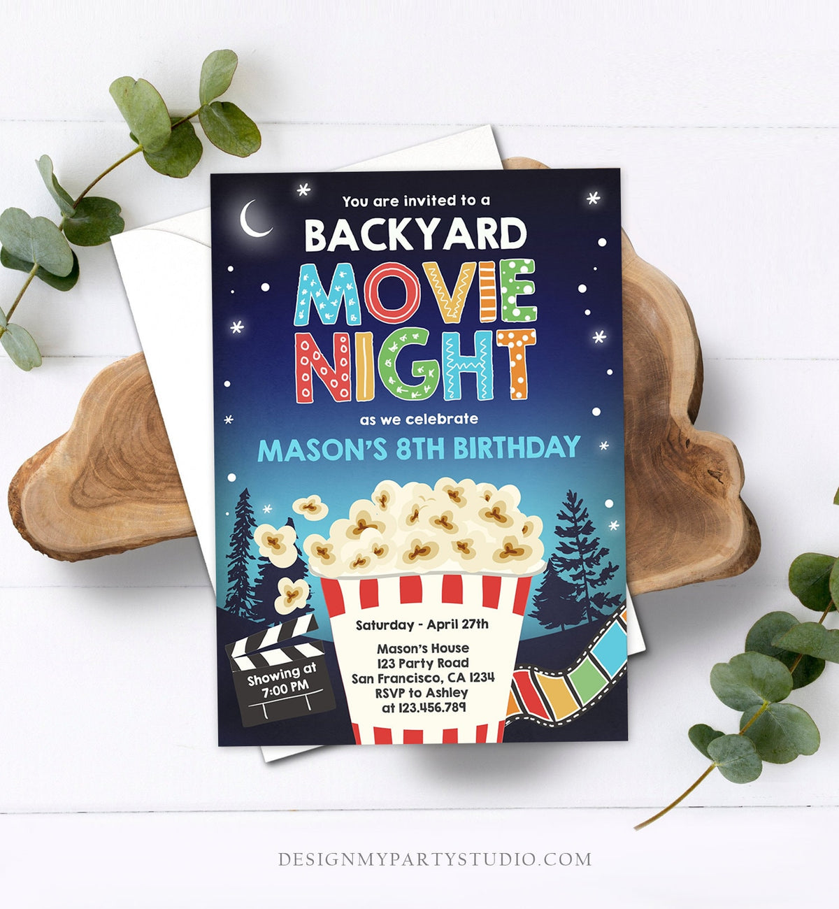Editable Backyard Movie Night Birthday Invitation Boy Outdoor Movie Under The Stars Cinema Popcorn Sleepover Party Corjl Template 0367