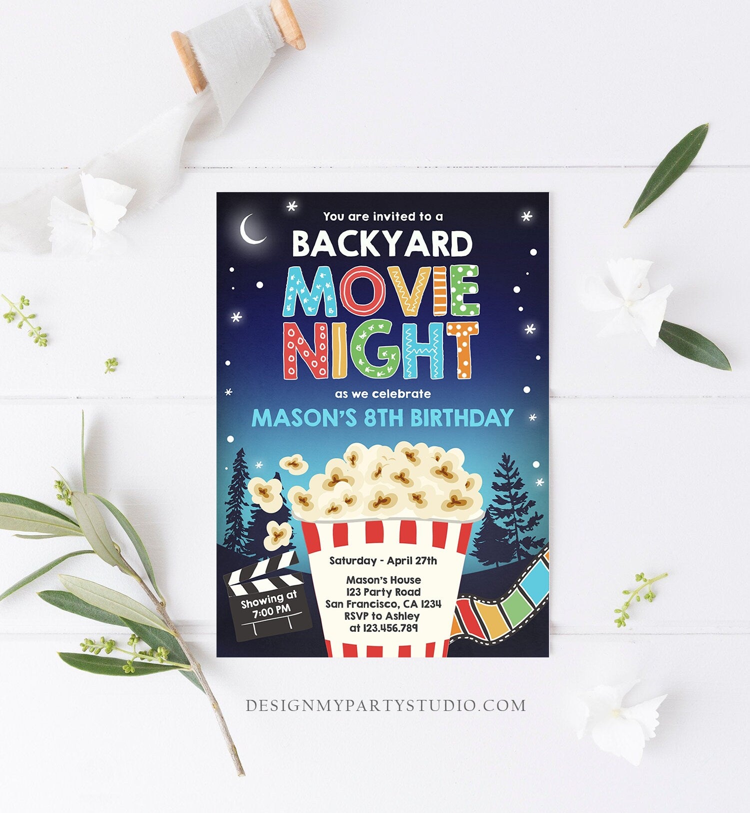 Editable Backyard Movie Night Birthday Invitation Boy Outdoor Movie Under The Stars Cinema Popcorn Sleepover Party Corjl Template 0367