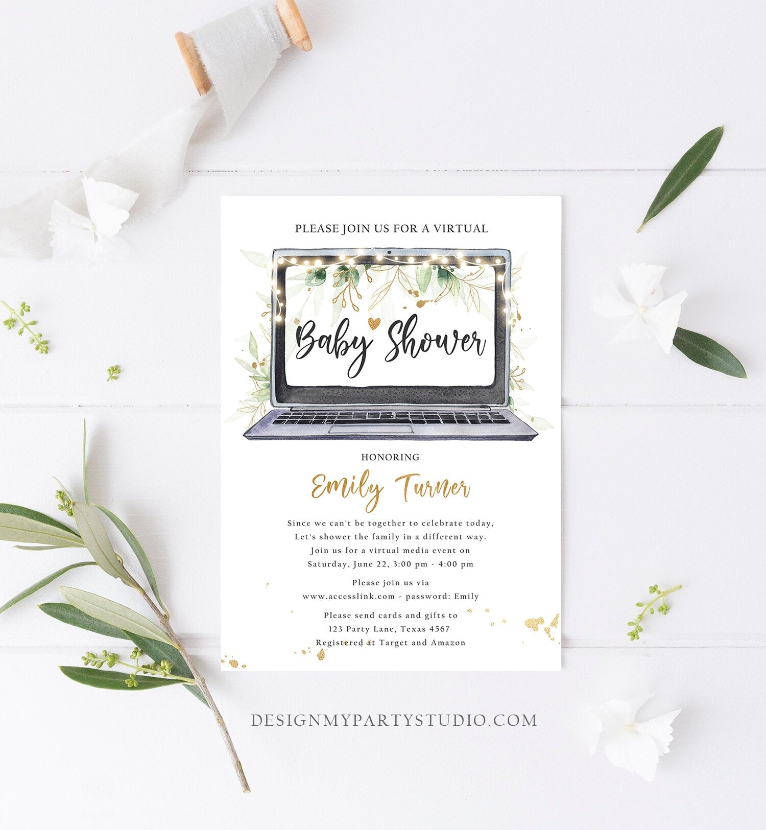 Editable Virtual Baby Shower Invitation Long Distance Quarantine Party Social Distancing Gold Green Floral Greenery Corjl Template 0168