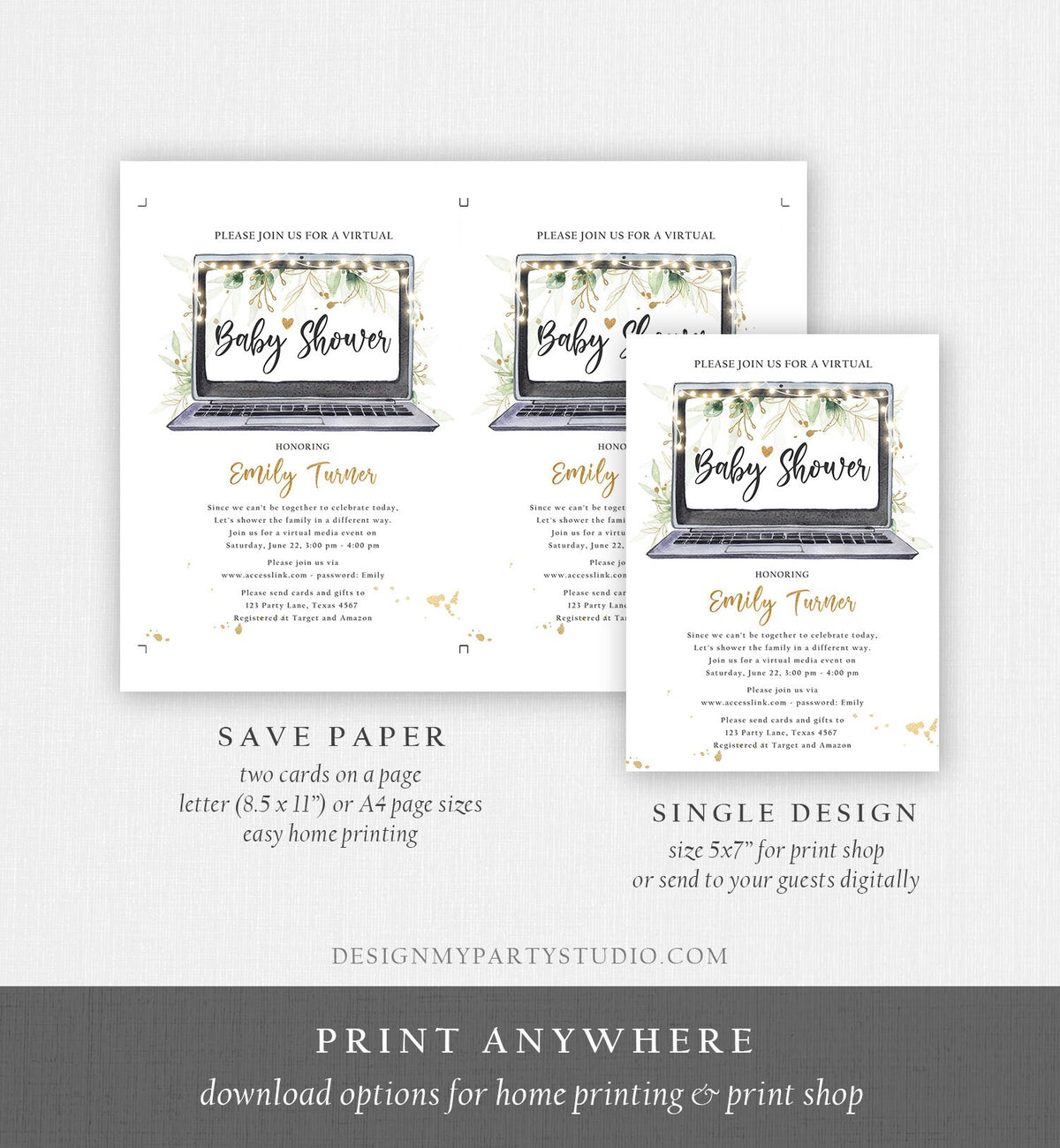 Editable Virtual Baby Shower Invitation Long Distance Quarantine Party Social Distancing Gold Green Floral Greenery Corjl Template 0168