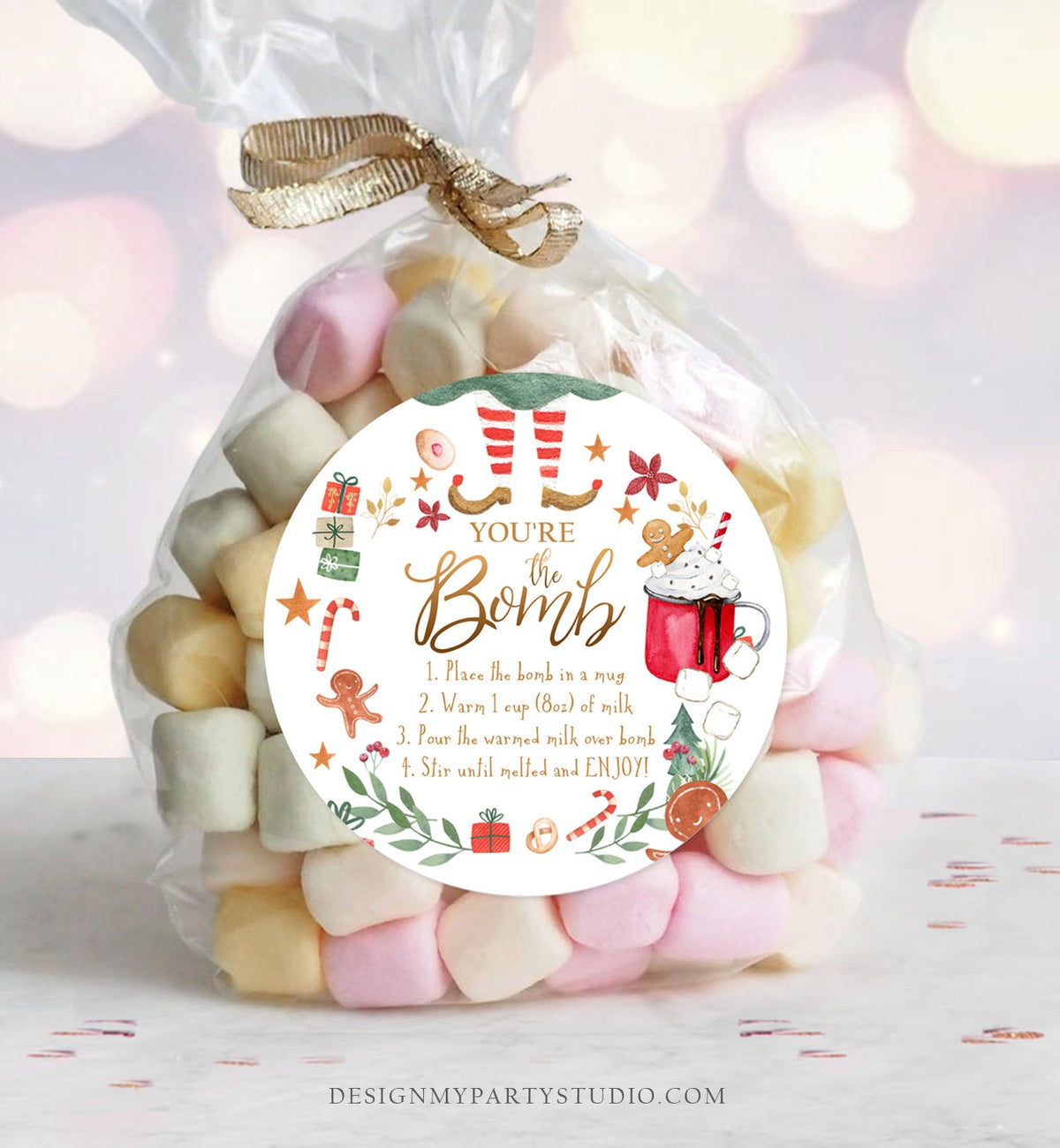Editable Hot Chocolate Bomb Tags Elf Bomb Instructions Cocoa Favor Tags Elf Party Christmas Elf Visit Elf Birthday Digital PRINTABLE 0358