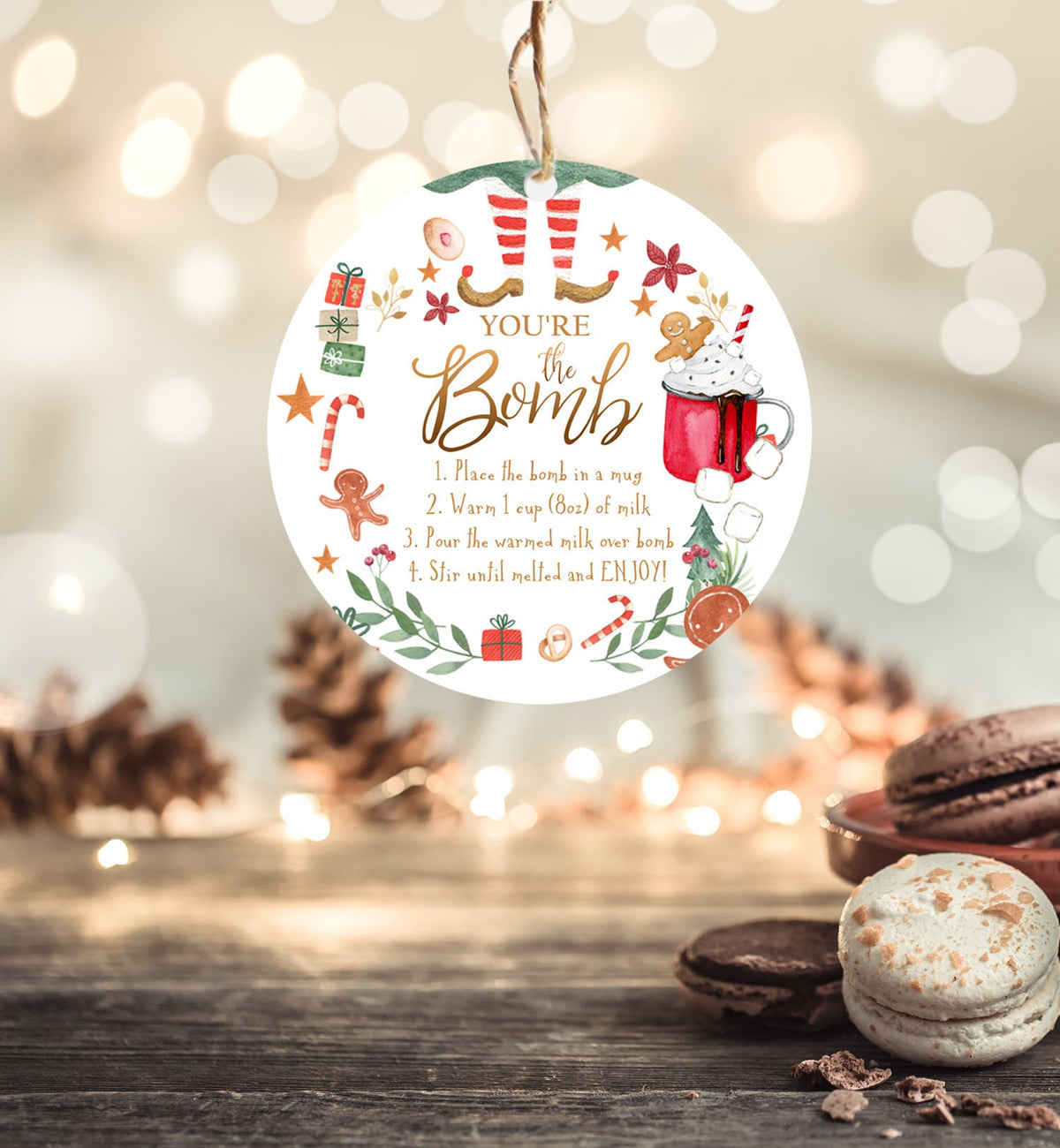 Editable Hot Chocolate Bomb Tags Elf Bomb Instructions Cocoa Favor Tags Elf Party Christmas Elf Visit Elf Birthday Digital PRINTABLE 0358