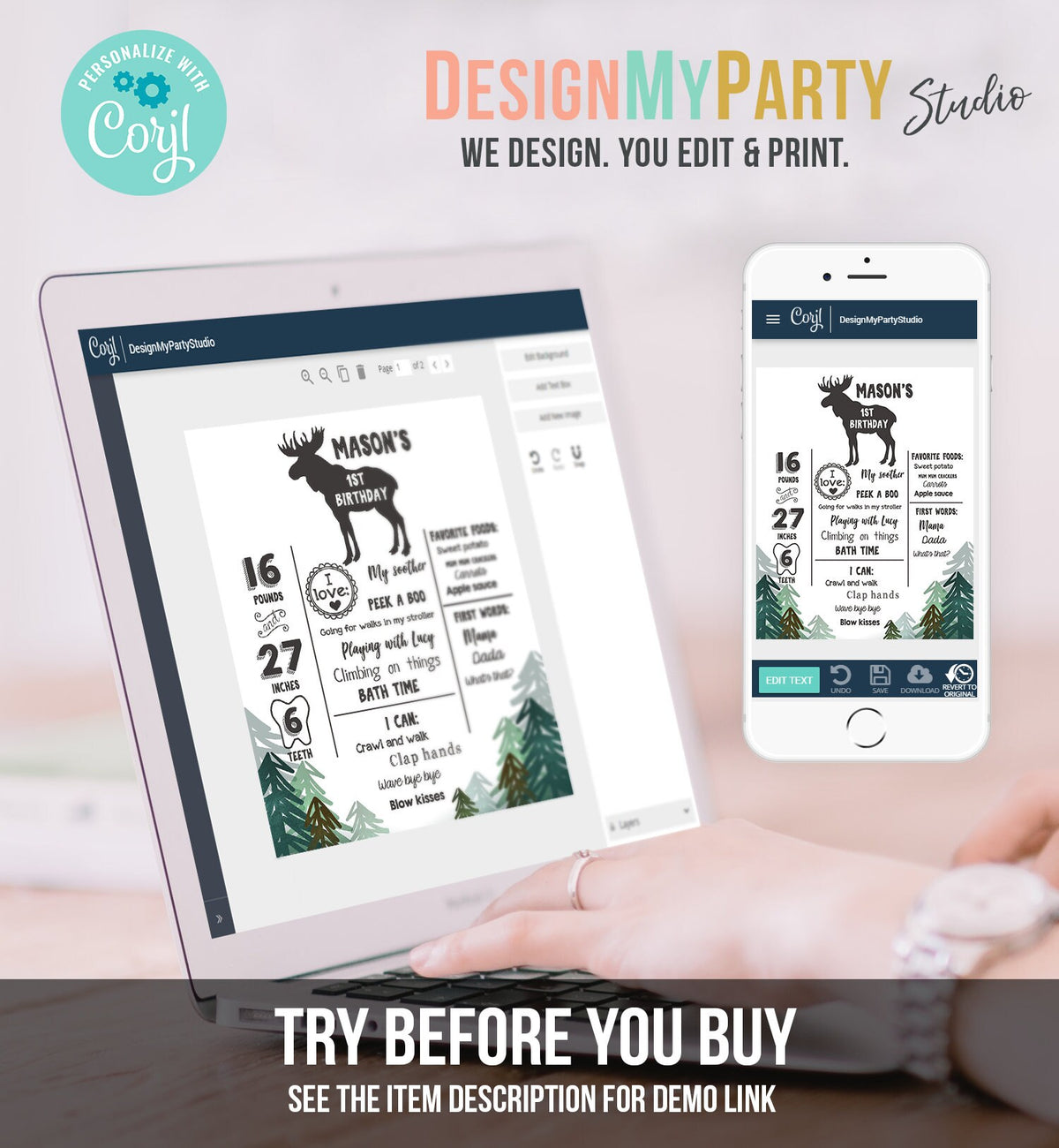 Editable Lumberjack Birthday Milestones Sign Wild One Stat Poster Infographic Woodland 1st Birthday Moose Template Printable Corjl 0377