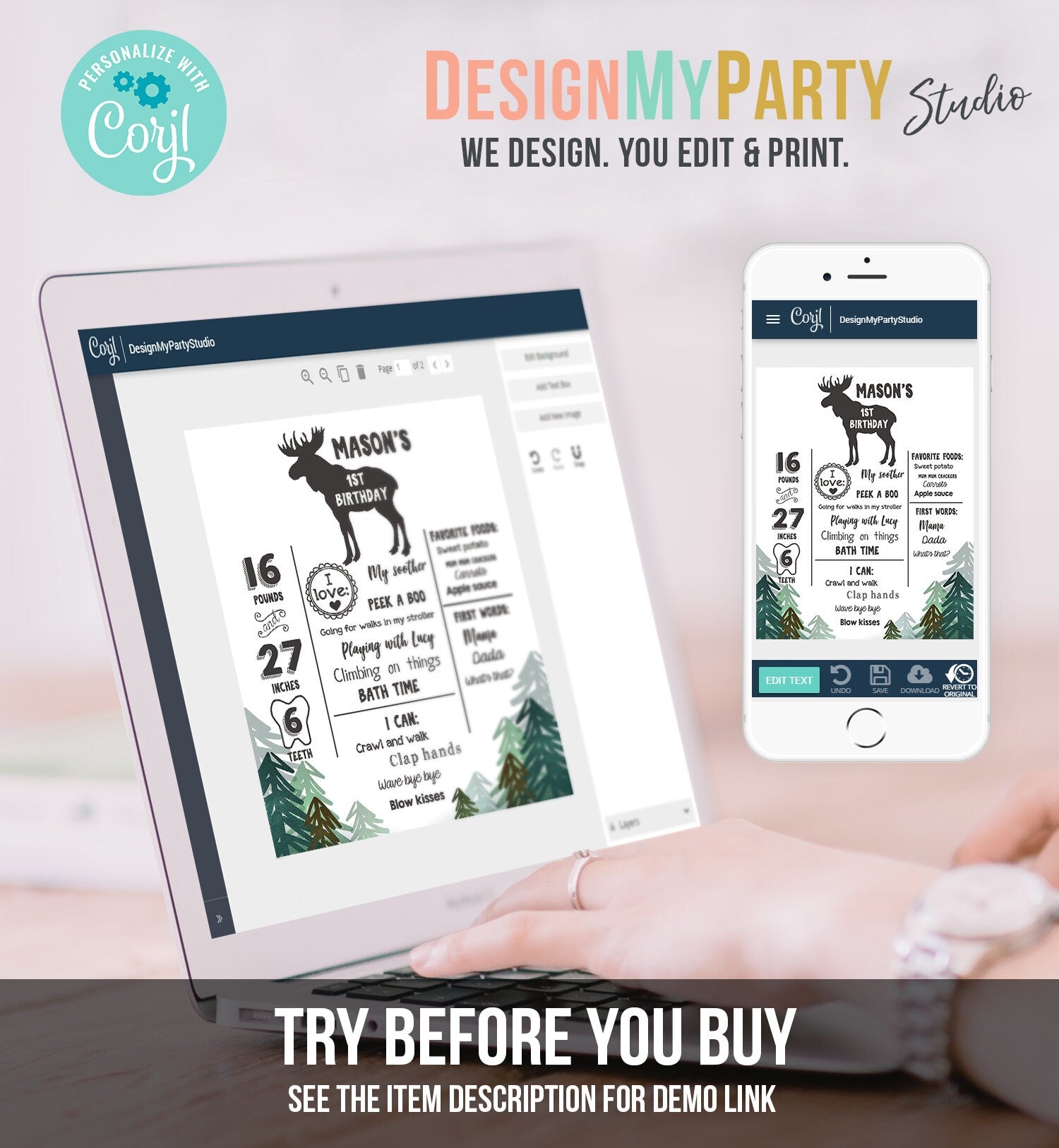 Editable Lumberjack Birthday Milestones Sign Wild One Stat Poster Infographic Woodland 1st Birthday Moose Template Printable Corjl 0377