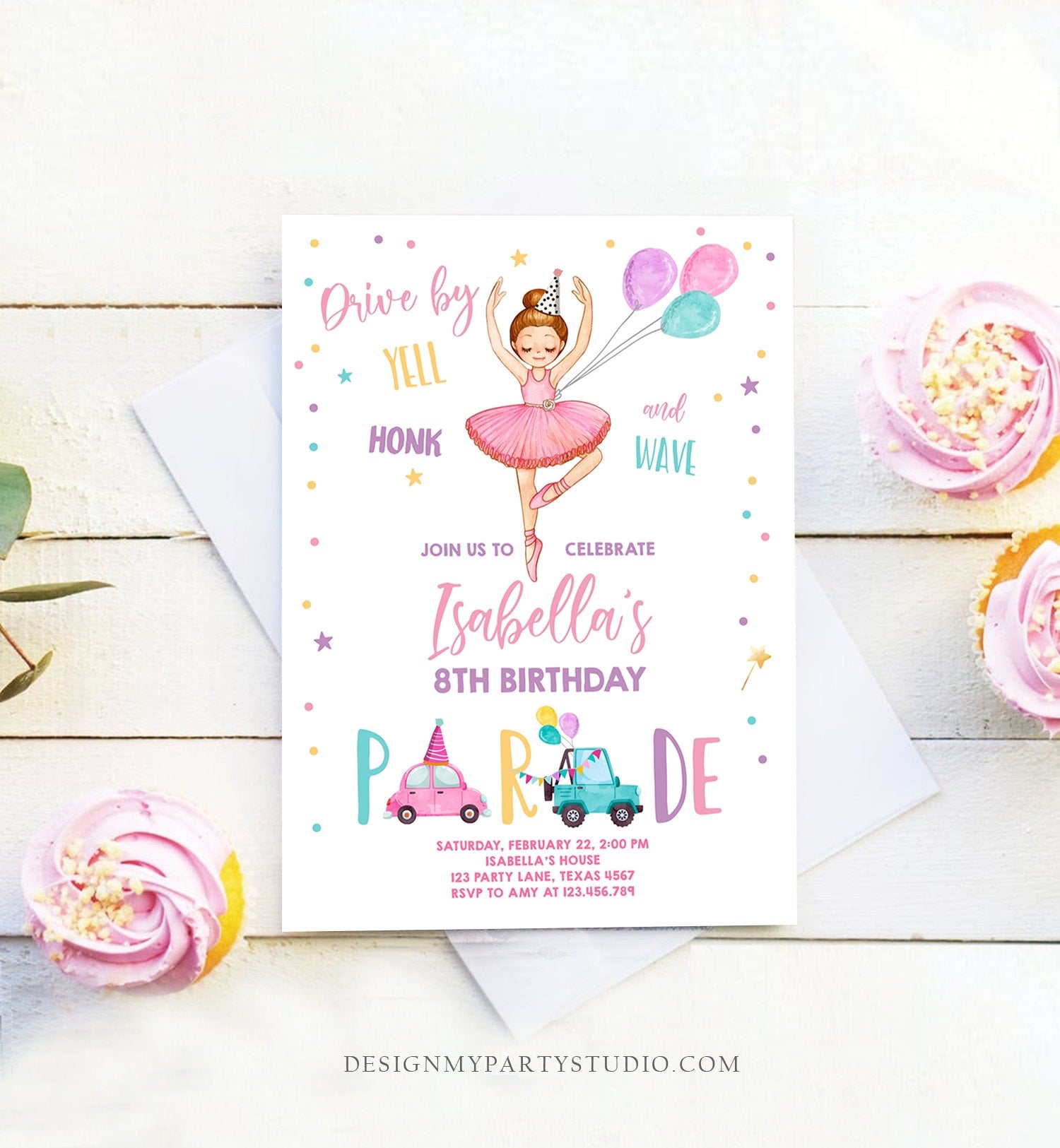 Editable Ballerina Drive By Birthday Parade Invitation Virtual Party Invite Ballet Tutu Car Girl Pink Quarantine Download Digital Corjl 0375