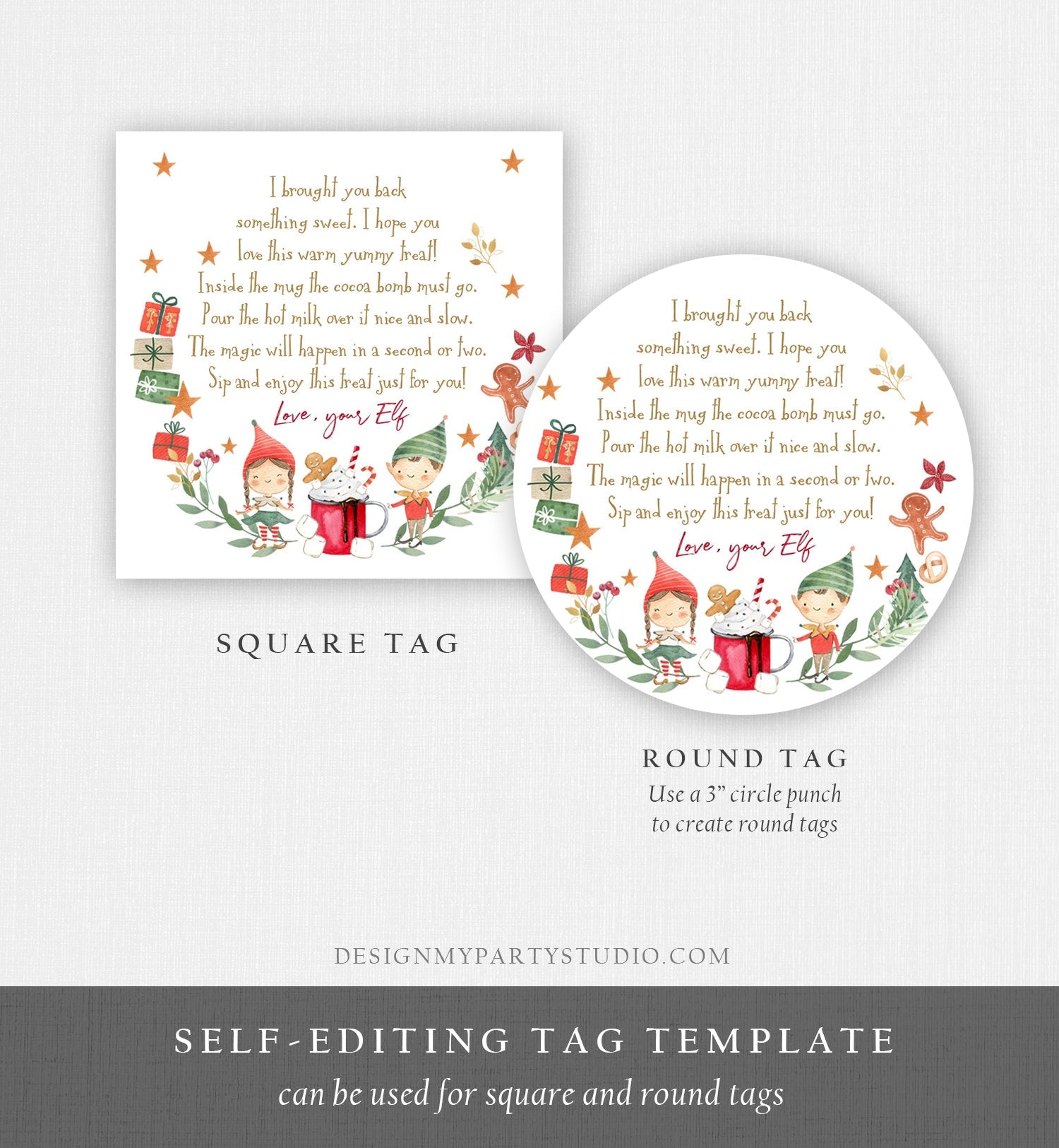 Editable Elf Hot Chocolate Bomb Tags Bomb Instructions Cocoa Favor Tags Elf Party Christmas Elves Visit Elf Birthday Digital PRINTABLE 0358