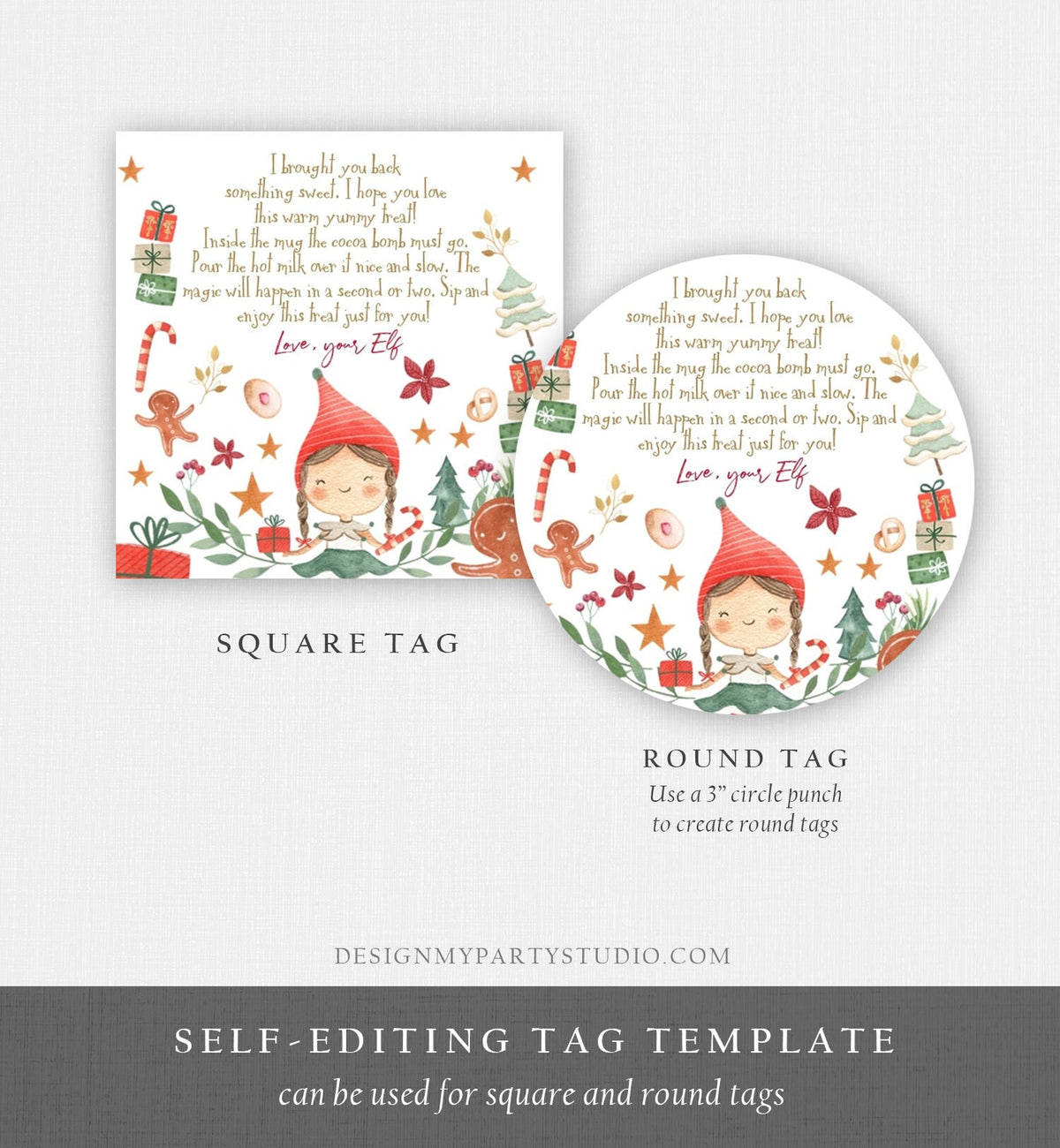Editable Elf Hot Chocolate Bomb Tags Bomb Instructions Cocoa Favor Tags Elf Party Christmas Elf Visit Elf Birthday Digital PRINTABLE 0358