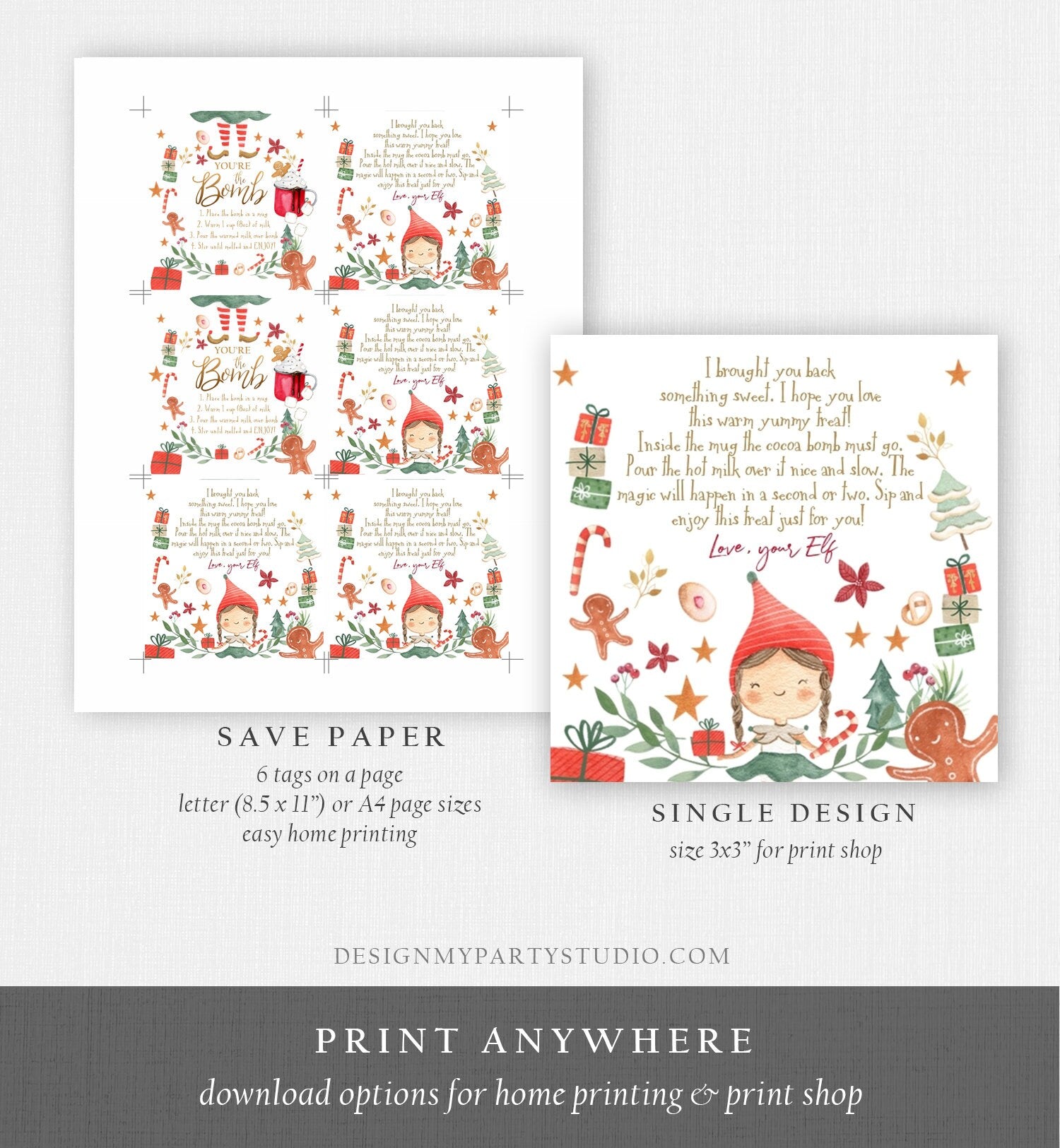 Editable Elf Hot Chocolate Bomb Tags Bomb Instructions Cocoa Favor Tags Elf Party Christmas Elf Visit Elf Birthday Digital PRINTABLE 0358