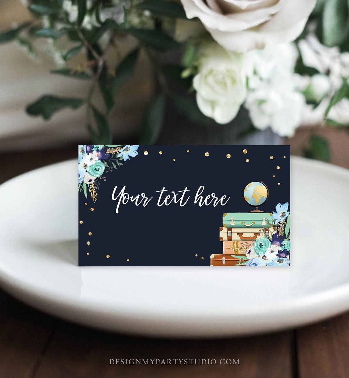 Editable Travel Adventure Food Labels Place Card Miss to Mrs Tent Card Escort Card Bridal Shower Blue Floral Corjl Template Printable 0030