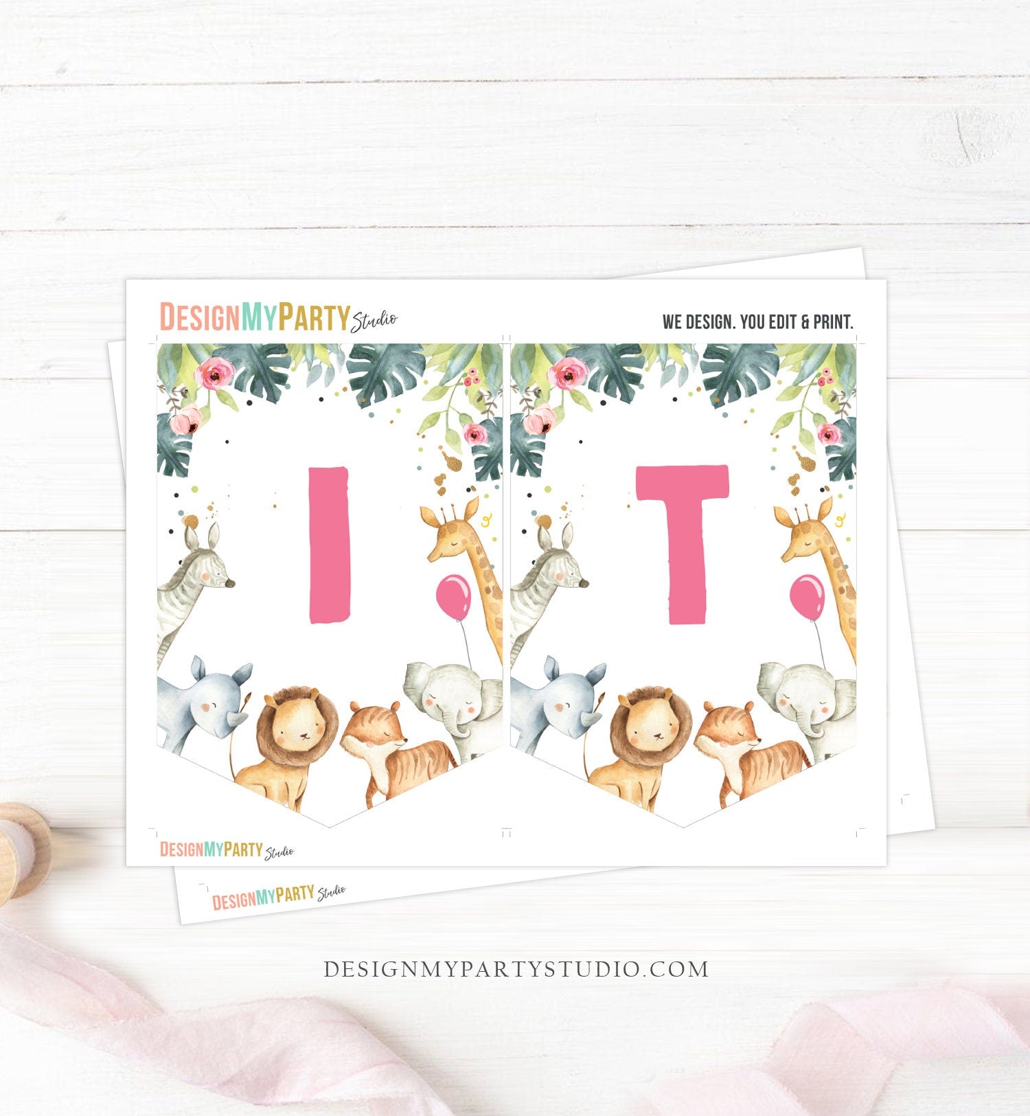 It's a Girl Safari Animals Baby Shower Banner Sprinkle Baby Party Animals Banner Jungle Zoo Green Pink Girl Decor Download Printable 0163