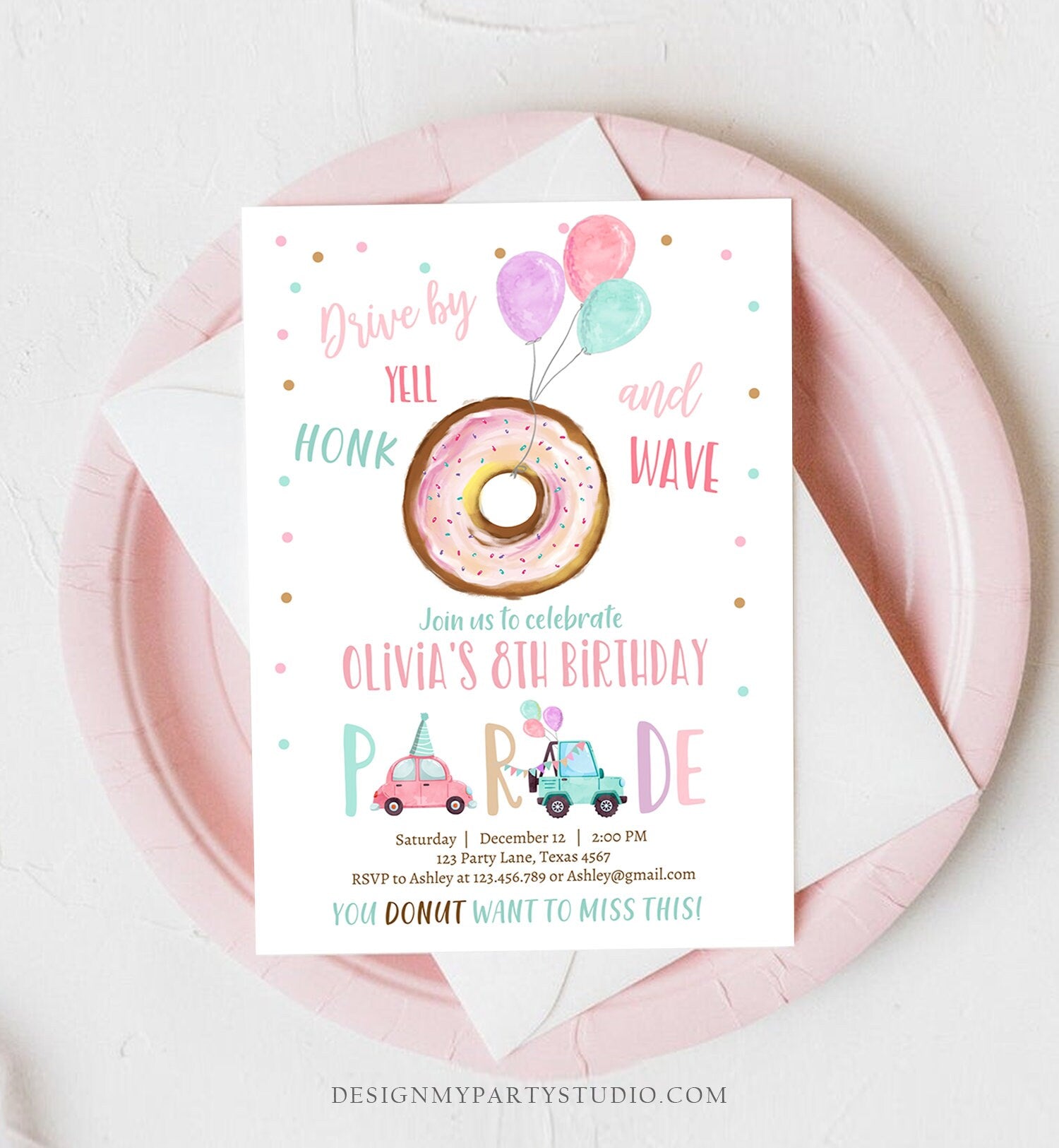 Editable Drive By Donut Birthday Parade Invitation Balloons Rainbow Party Honk Wave Car Girl Pink Drive Through Download Corjl Template 0368