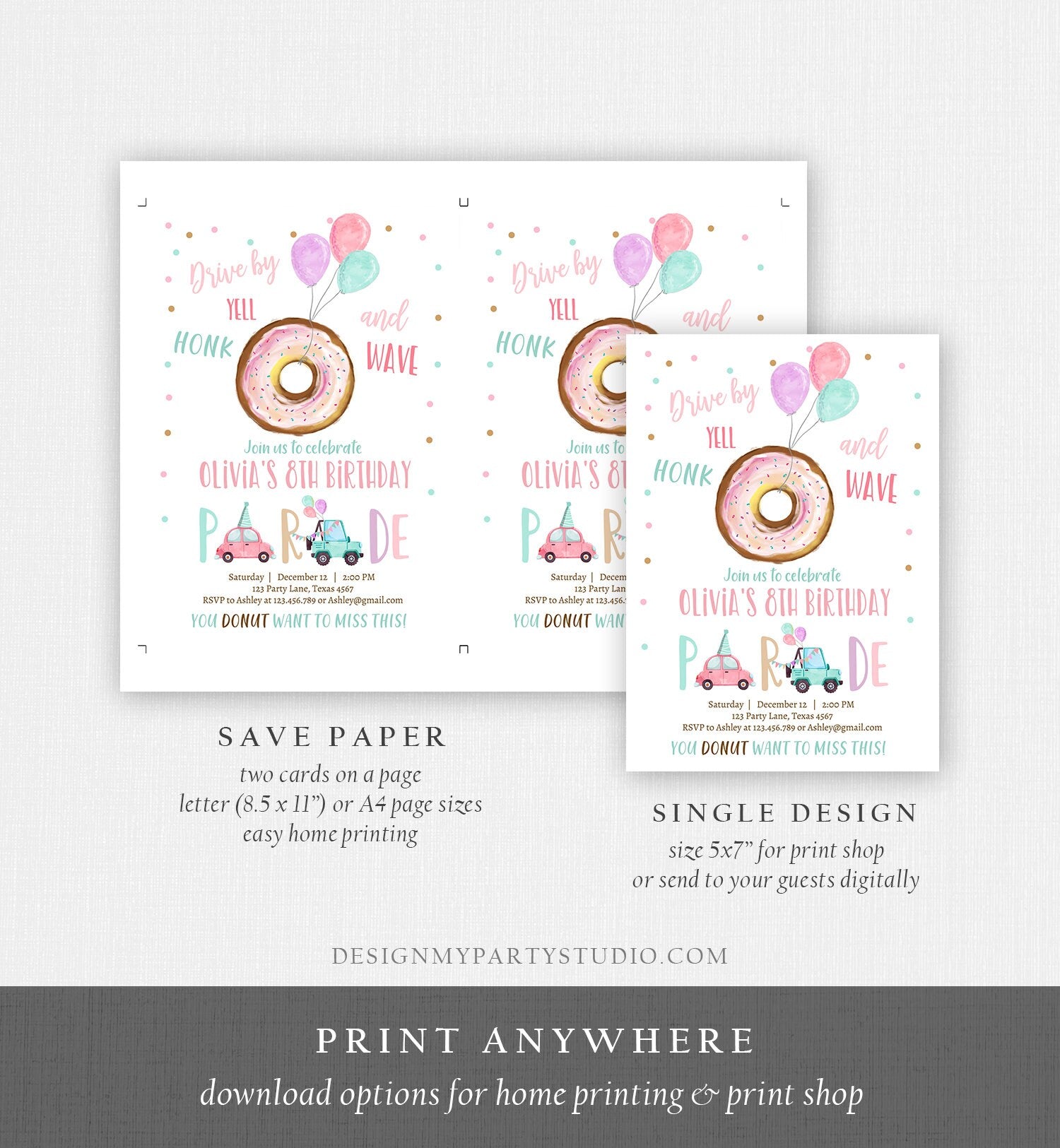 Editable Drive By Donut Birthday Parade Invitation Balloons Rainbow Party Honk Wave Car Girl Pink Drive Through Download Corjl Template 0368