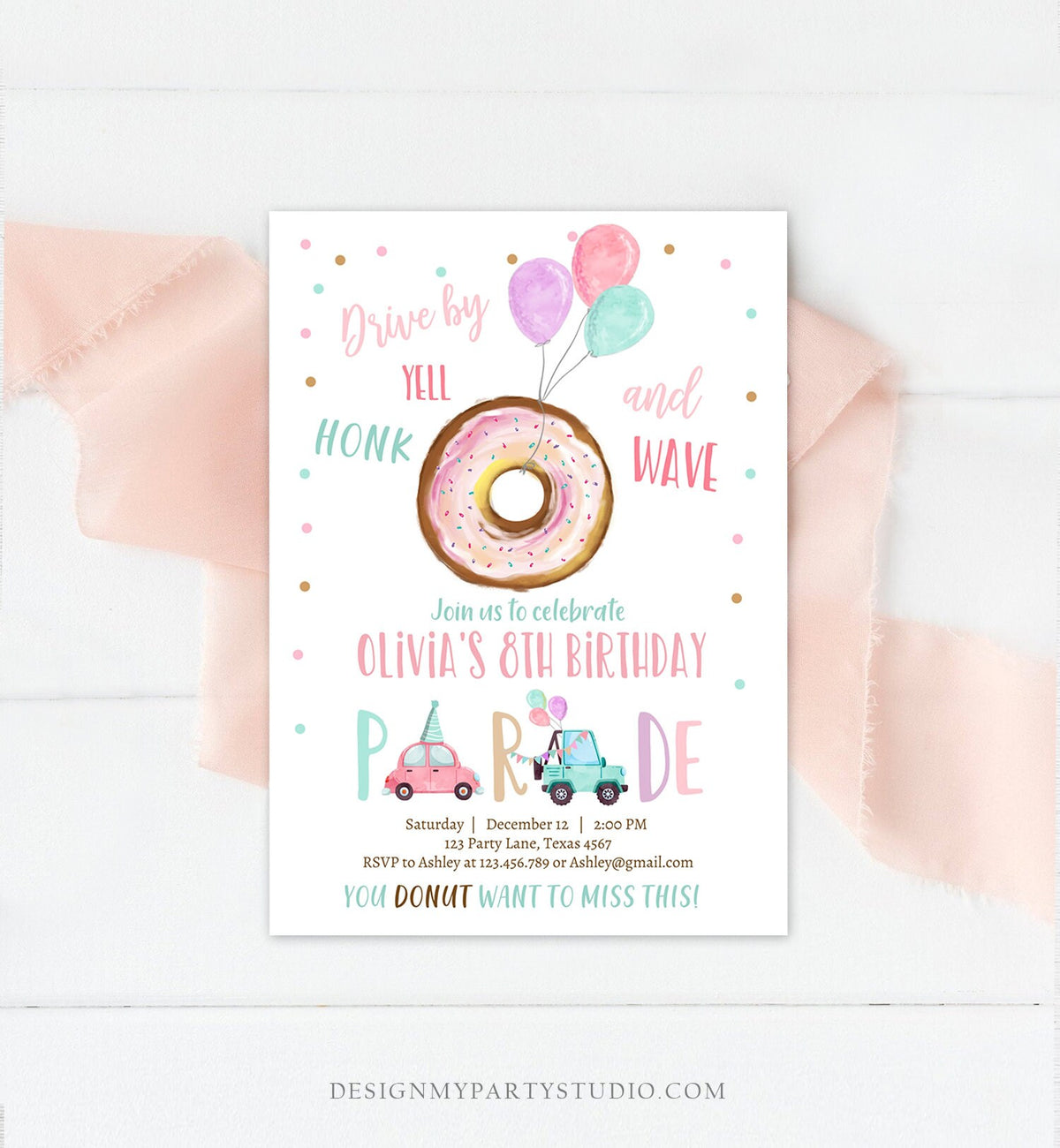 Editable Drive By Donut Birthday Parade Invitation Balloons Rainbow Party Honk Wave Car Girl Pink Drive Through Download Corjl Template 0368