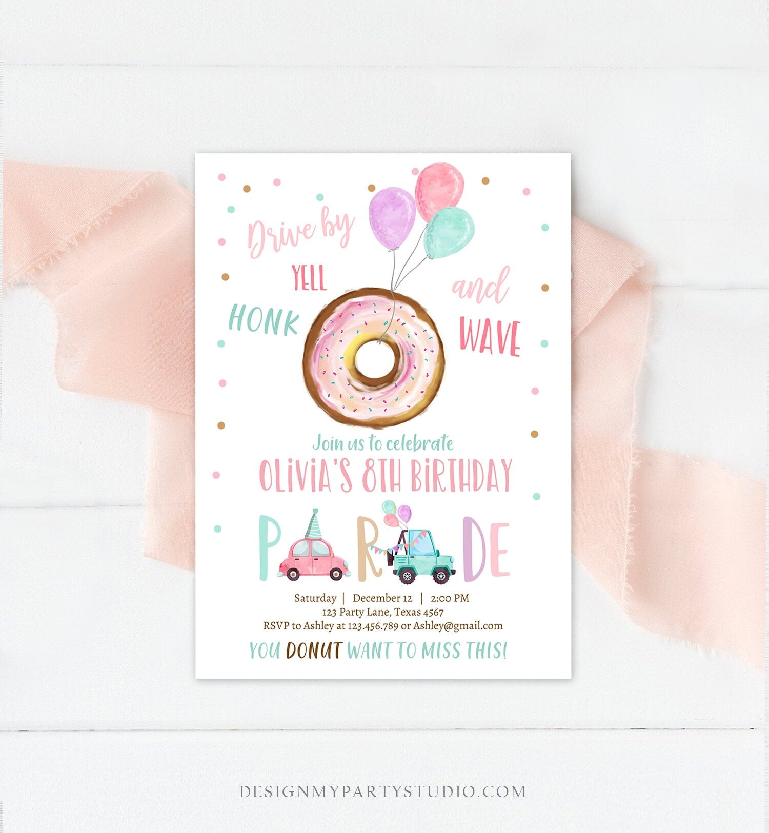 Editable Drive By Donut Birthday Parade Invitation Balloons Rainbow Party Honk Wave Car Girl Pink Drive Through Download Corjl Template 0368