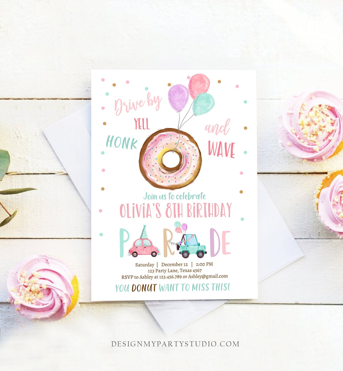 Editable Drive By Donut Birthday Parade Invitation Balloons Rainbow Party Honk Wave Car Girl Pink Drive Through Download Corjl Template 0368