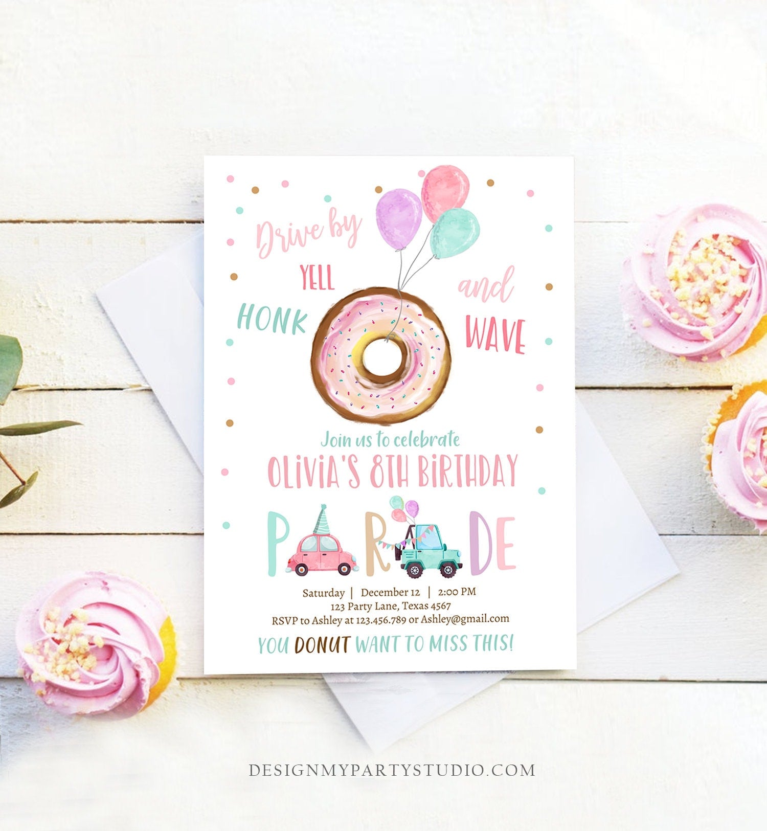 Editable Drive By Donut Birthday Parade Invitation Balloons Rainbow Party Honk Wave Car Girl Pink Drive Through Download Corjl Template 0368