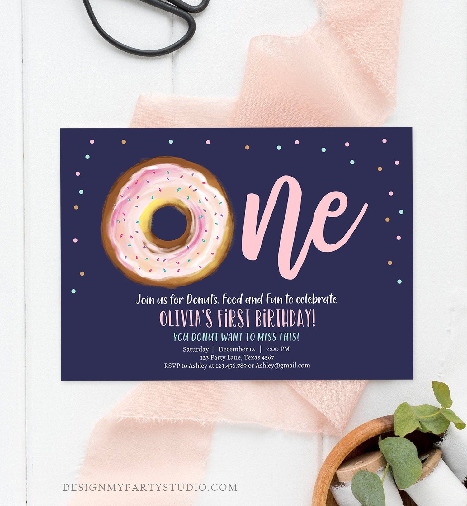 Editable Donut 1st Birthday Invitation First Birthday Invite Pink Donut Girl Doughnut Sweet Digital Download Printable Template Corjl 0368