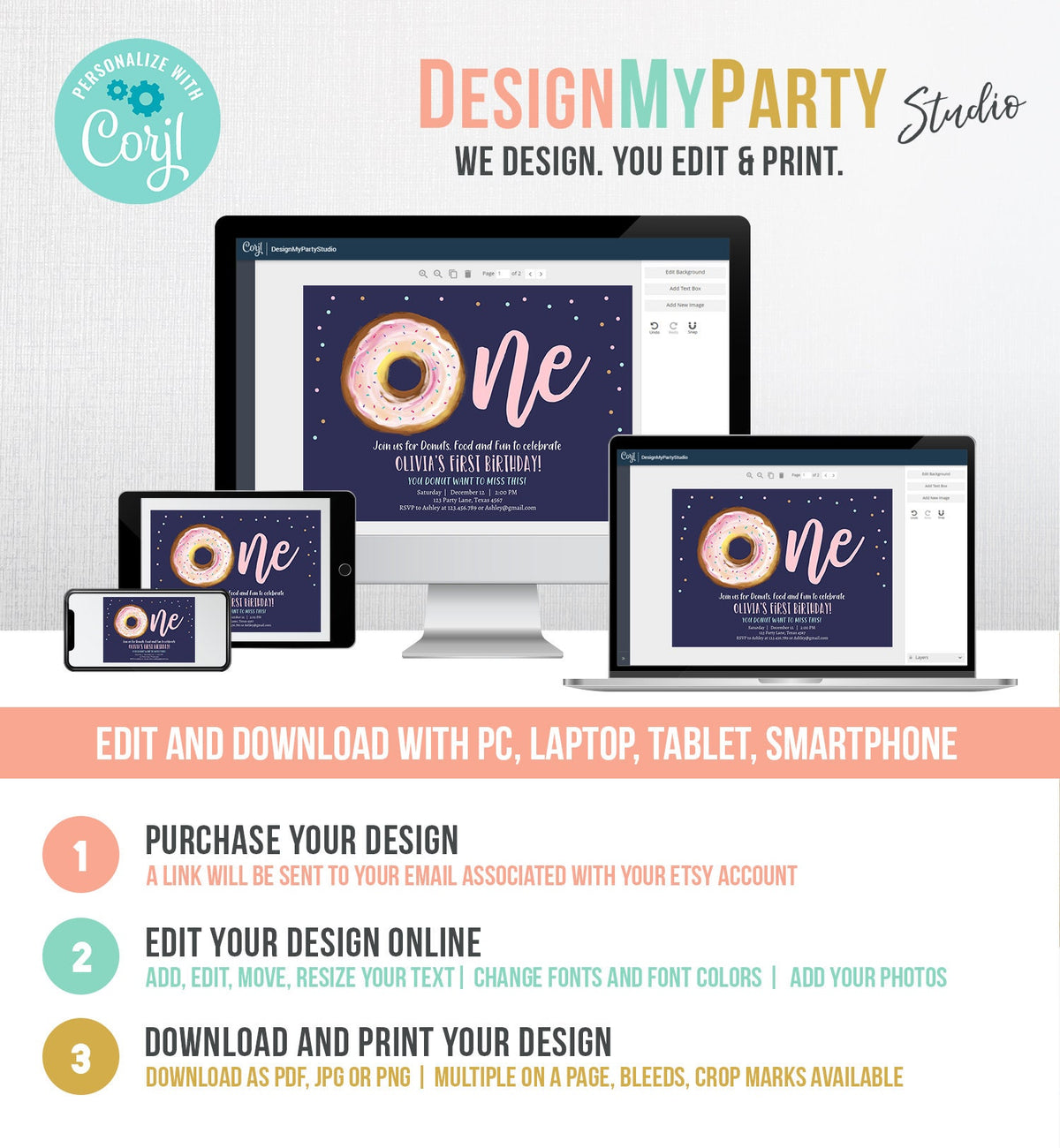 Editable Donut 1st Birthday Invitation First Birthday Invite Pink Donut Girl Doughnut Sweet Digital Download Printable Template Corjl 0368