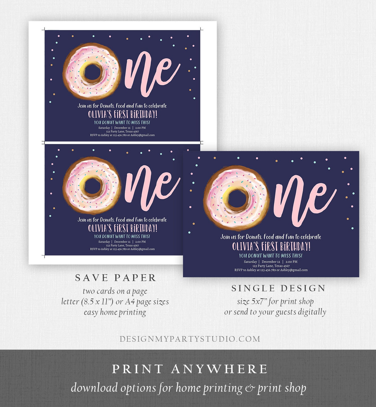 Editable Donut 1st Birthday Invitation First Birthday Invite Pink Donut Girl Doughnut Sweet Digital Download Printable Template Corjl 0368