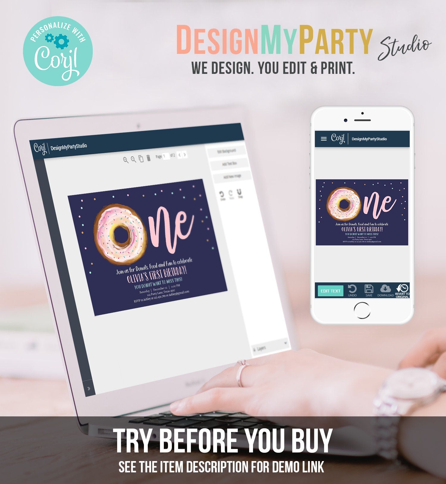 Editable Donut 1st Birthday Invitation First Birthday Invite Pink Donut Girl Doughnut Sweet Digital Download Printable Template Corjl 0368